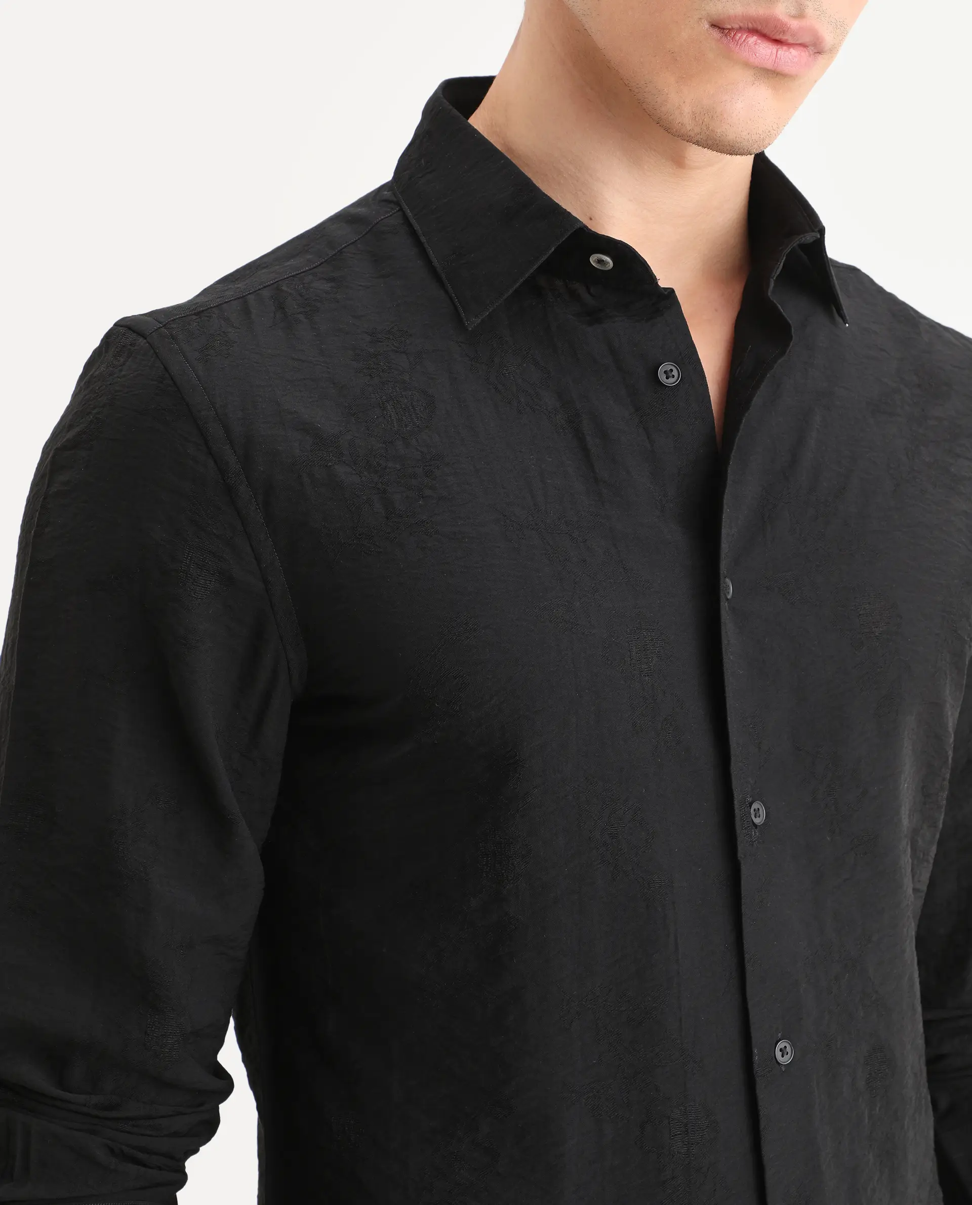 Rare Rabbit Men's Redif-26 Black Viscose Blend Fabric Full Sleeve Spread Collar Regular Fit Jacquard Shirt - Image 3