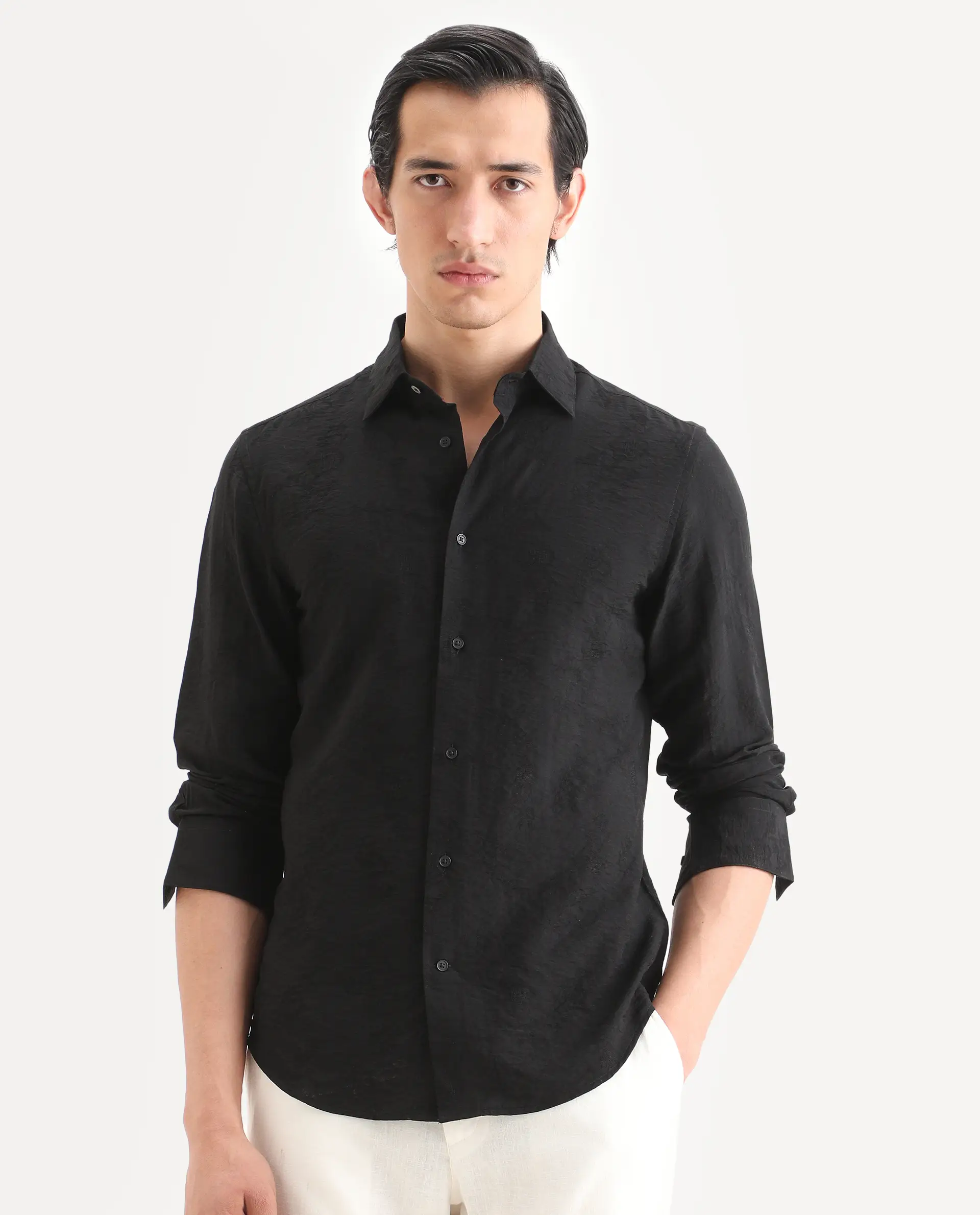 Rare Rabbit Men's Redif-26 Black Viscose Blend Fabric Full Sleeve Spread Collar Regular Fit Jacquard Shirt - Image 4