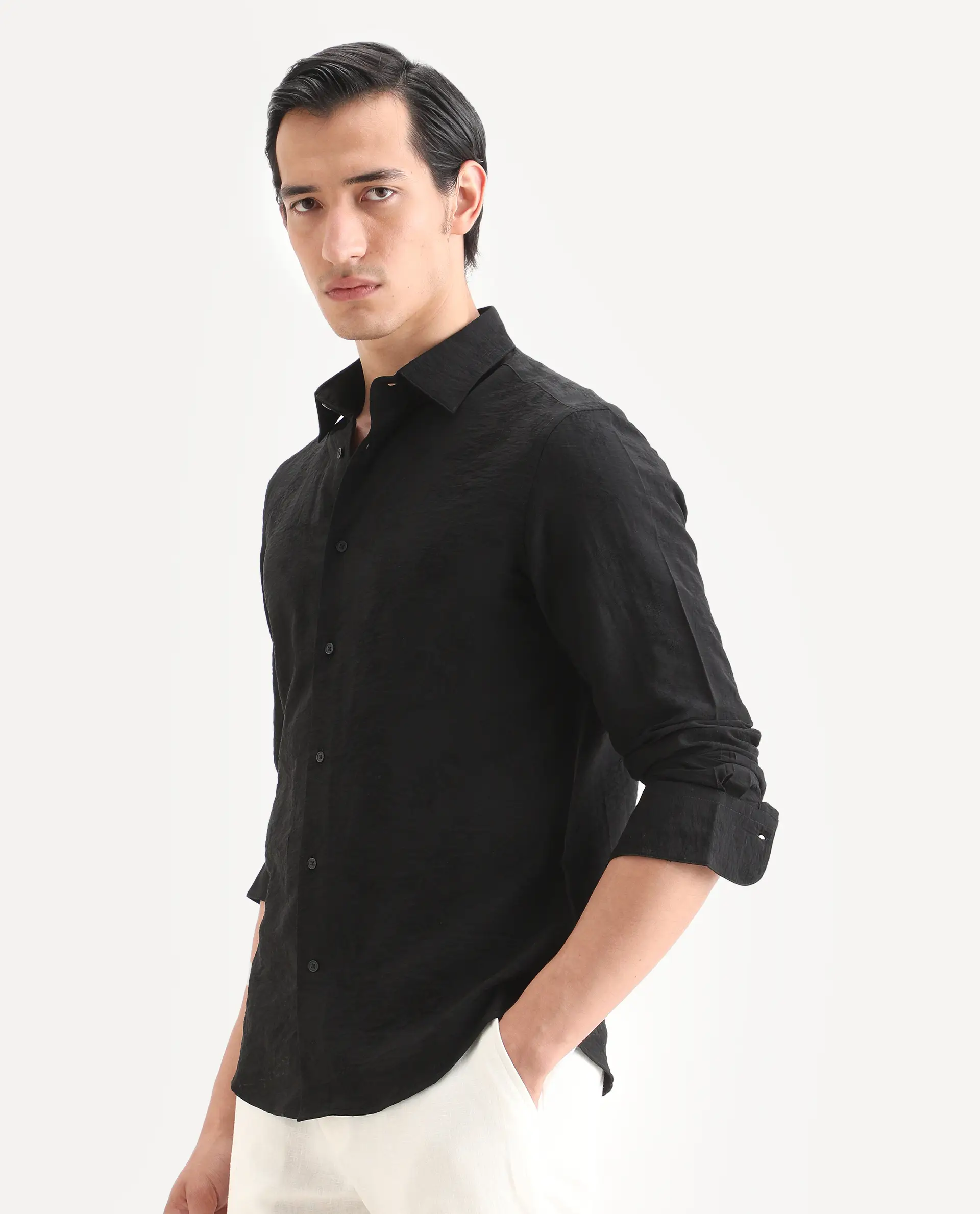 Rare Rabbit Men's Redif-26 Black Viscose Blend Fabric Full Sleeve Spread Collar Regular Fit Jacquard Shirt - Image 5