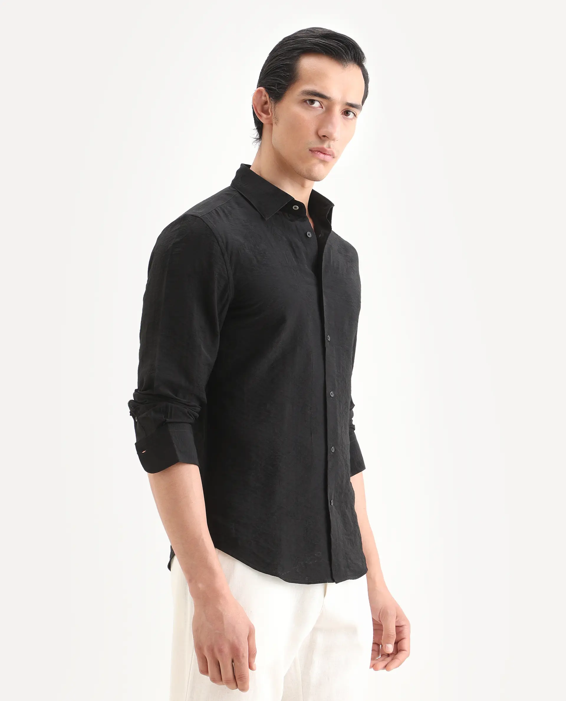Rare Rabbit Men's Redif-26 Black Viscose Blend Fabric Full Sleeve Spread Collar Regular Fit Jacquard Shirt - Image 6