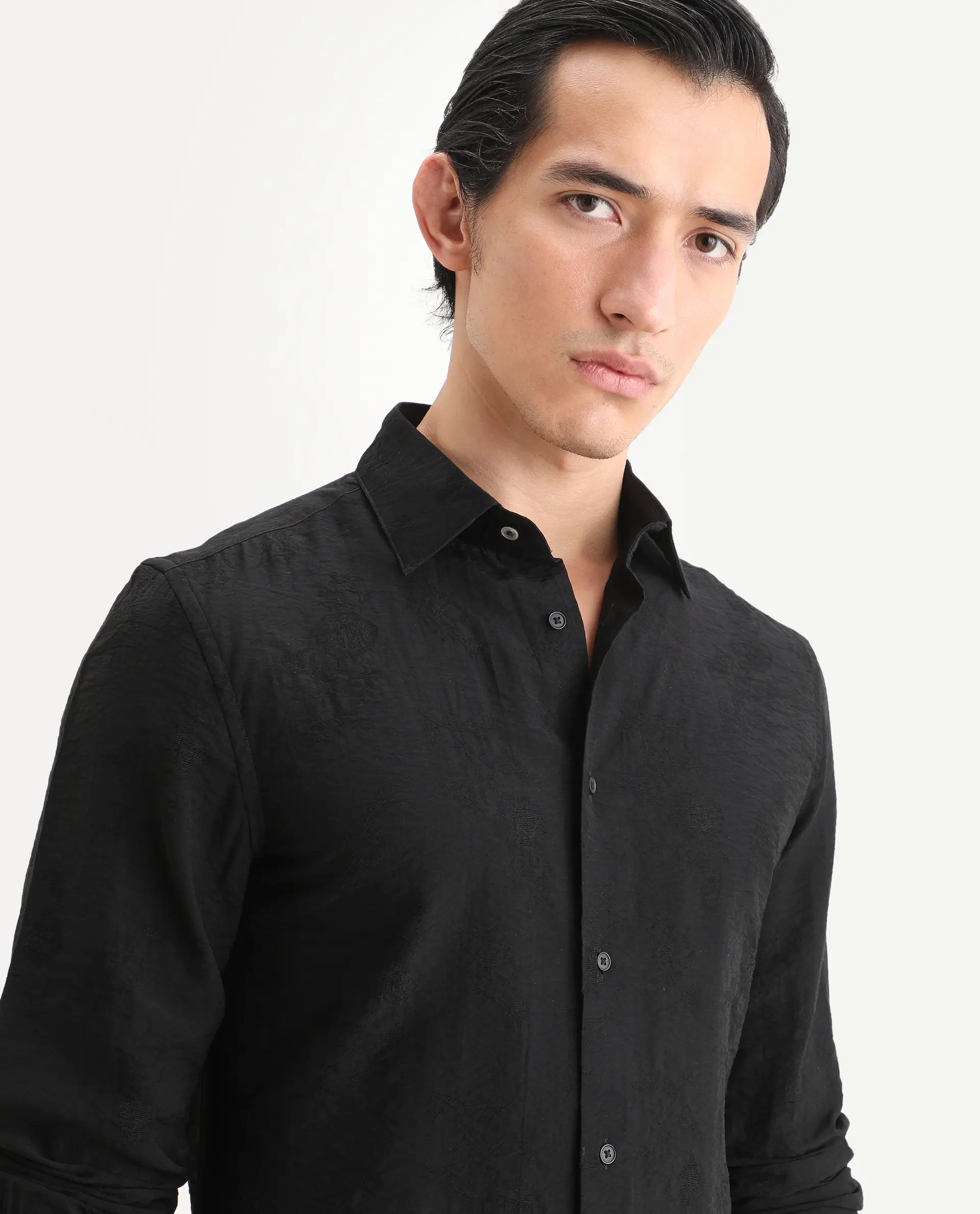 Rare Rabbit Men's Redif-26 Black Viscose Blend Fabric Full Sleeve Spread Collar Regular Fit Jacquard Shirt - Image 7