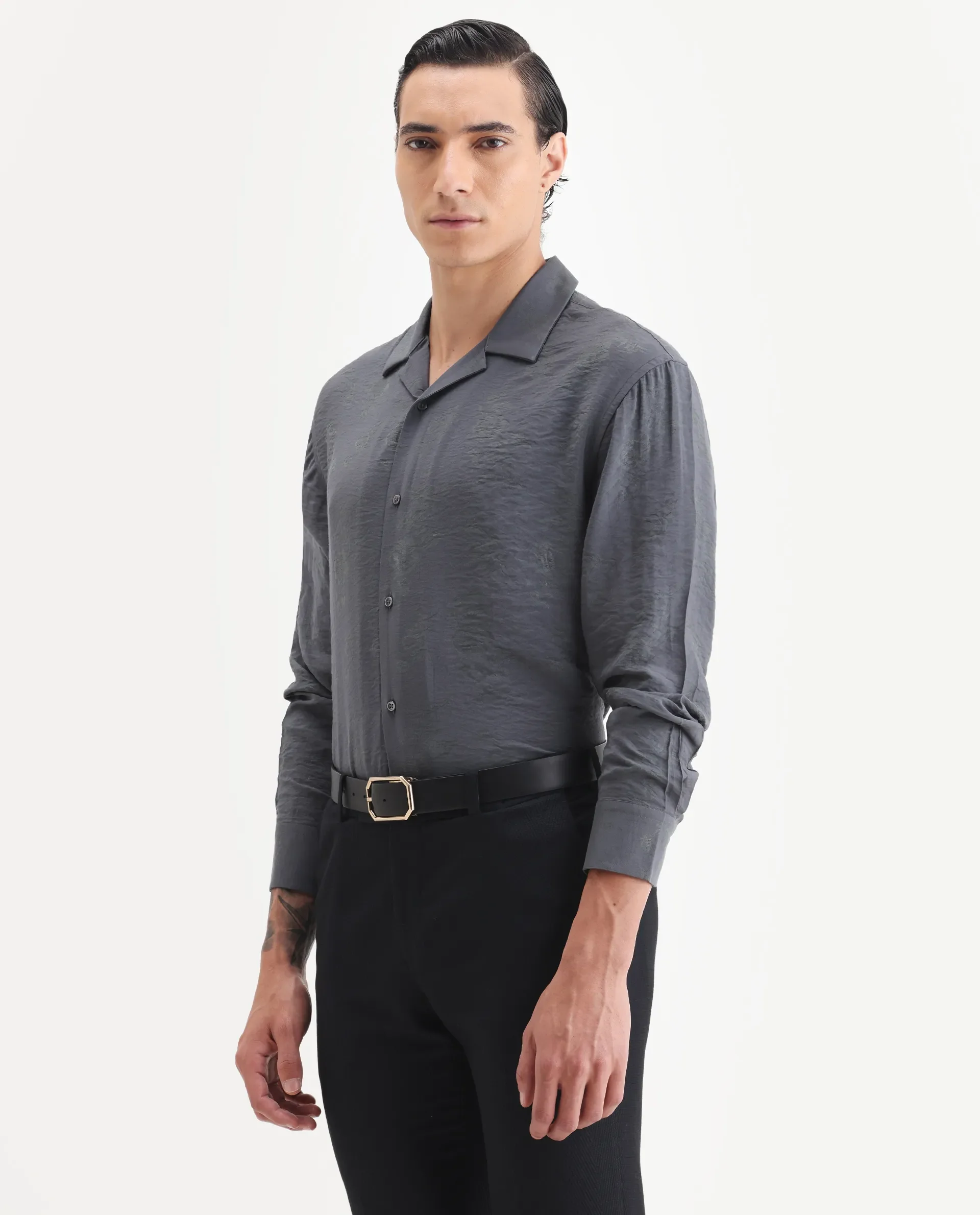 Rare Rabbit Men's Redif Grey Viscose Blend Fabric Full Sleeve Spread Collar Regular Fit Jacquard Shirt - Image 4