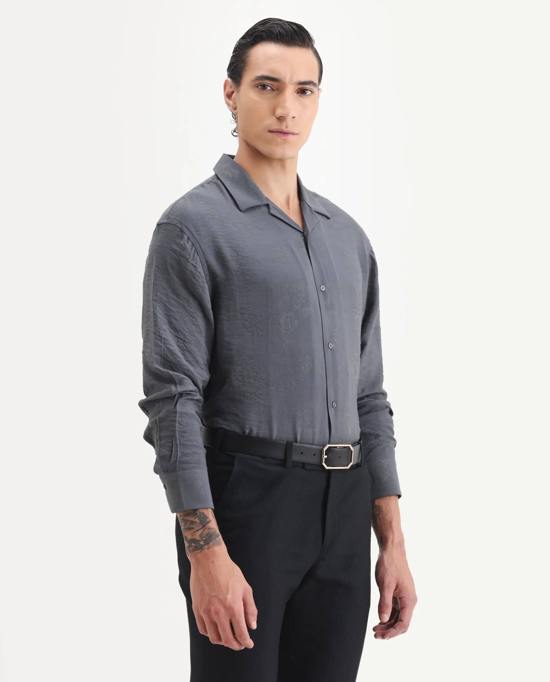 Rare Rabbit Men's Redif Grey Viscose Blend Fabric Full Sleeve Spread Collar Regular Fit Jacquard Shirt - Image 5