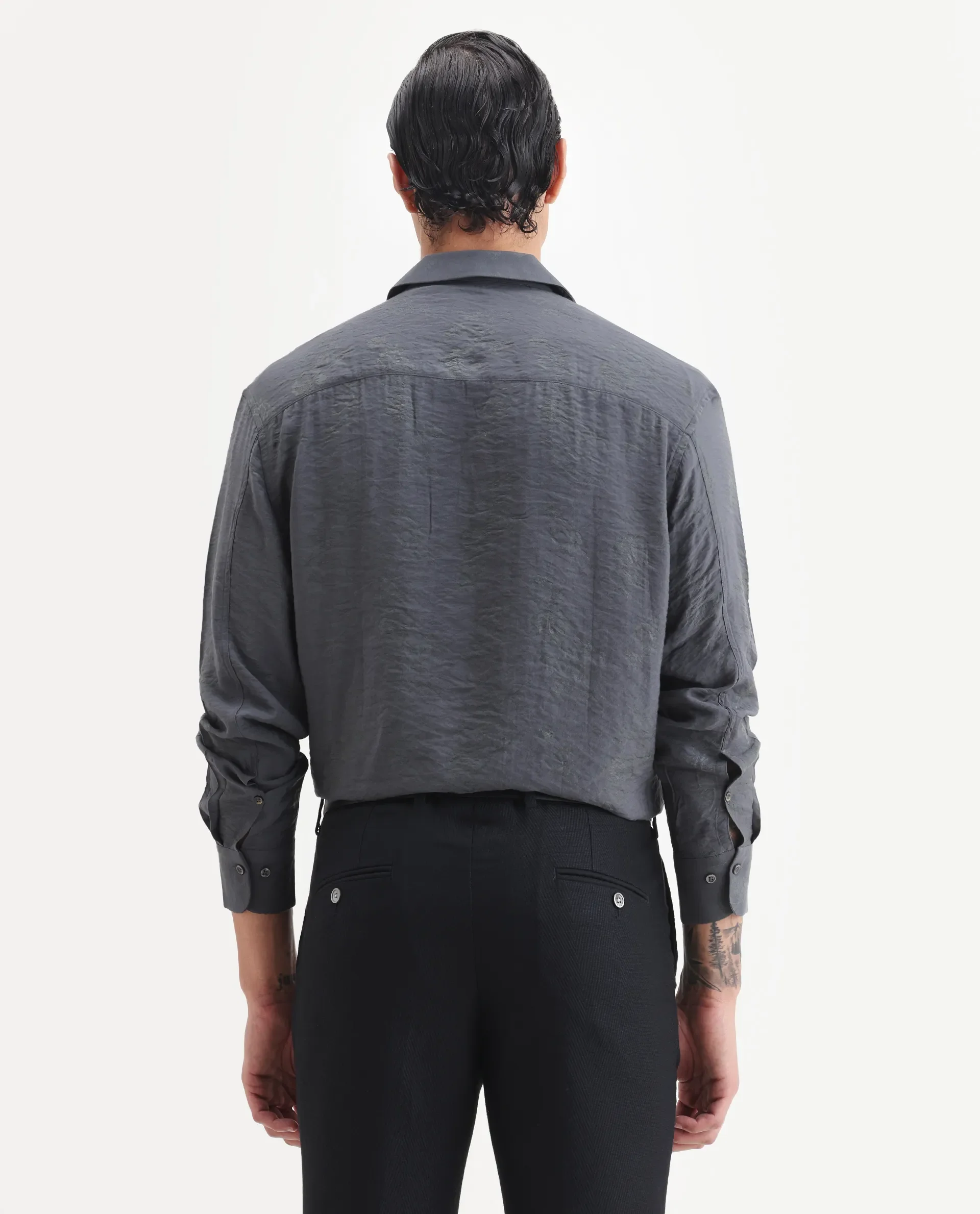 Rare Rabbit Men's Redif Grey Viscose Blend Fabric Full Sleeve Spread Collar Regular Fit Jacquard Shirt - Image 7