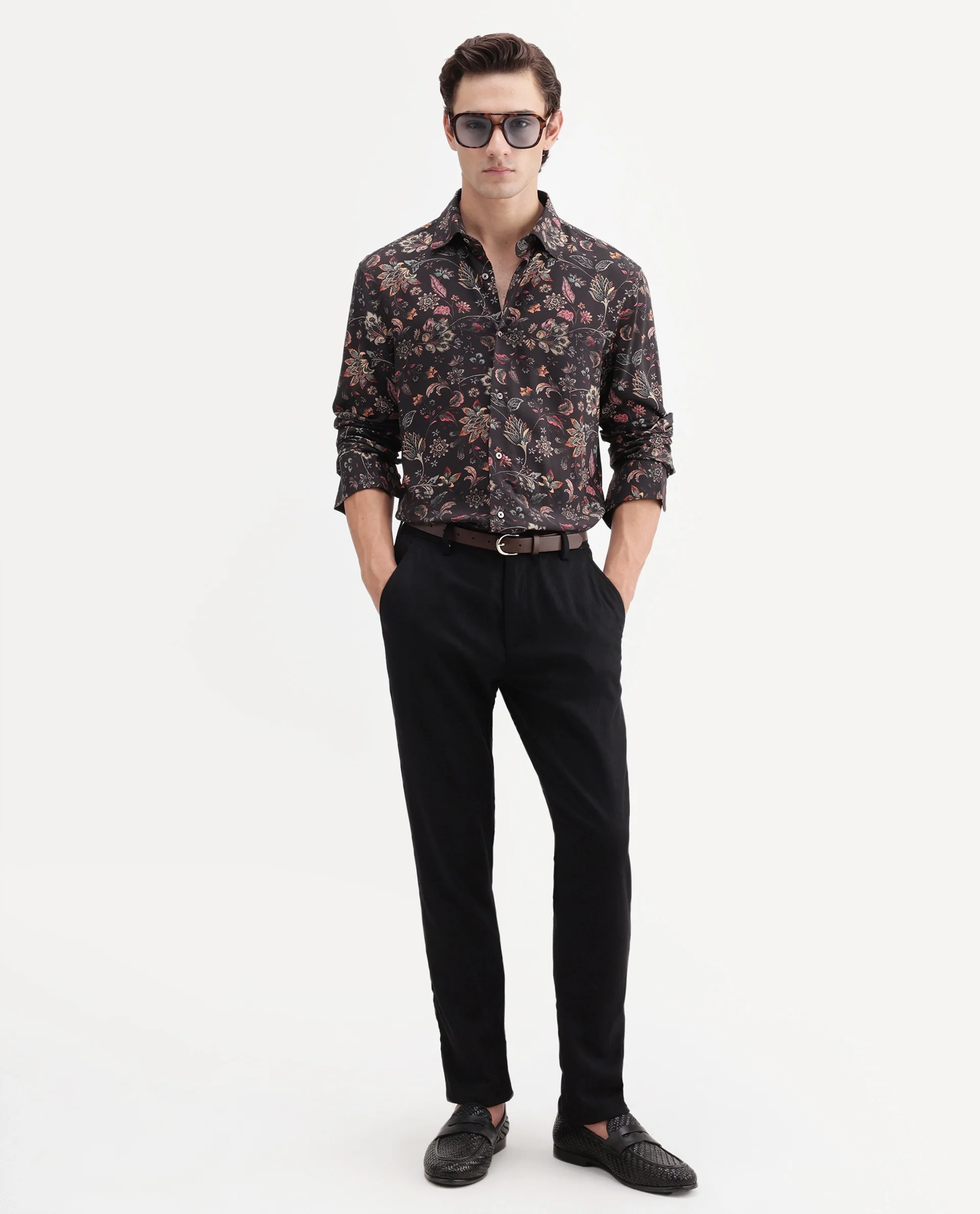Rare Rabbit Men's Reed Black Viscose Fabric Full Sleeve Spread Collar Regular Floral Print Shirt - Image 2