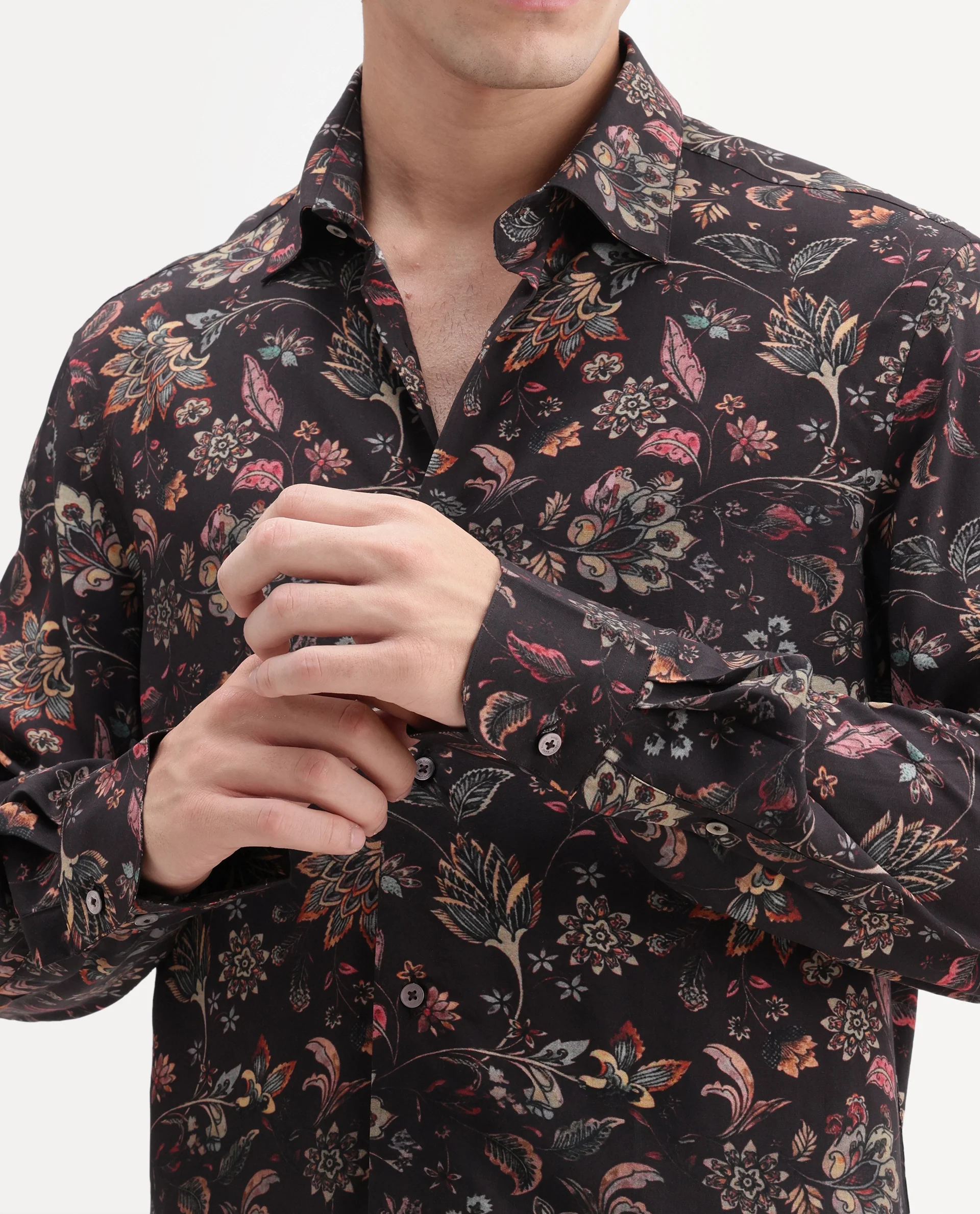 Rare Rabbit Men's Reed Black Viscose Fabric Full Sleeve Spread Collar Regular Floral Print Shirt - Image 3