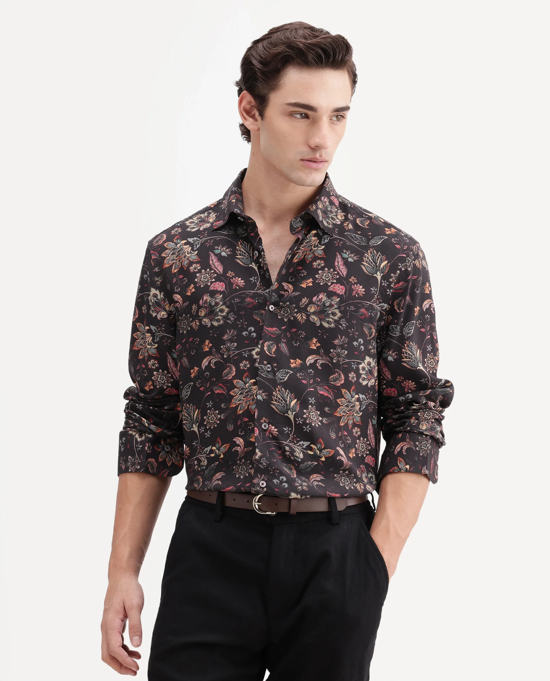 Rare Rabbit Men's Reed Black Viscose Fabric Full Sleeve Spread Collar Regular Floral Print Shirt - Image 4