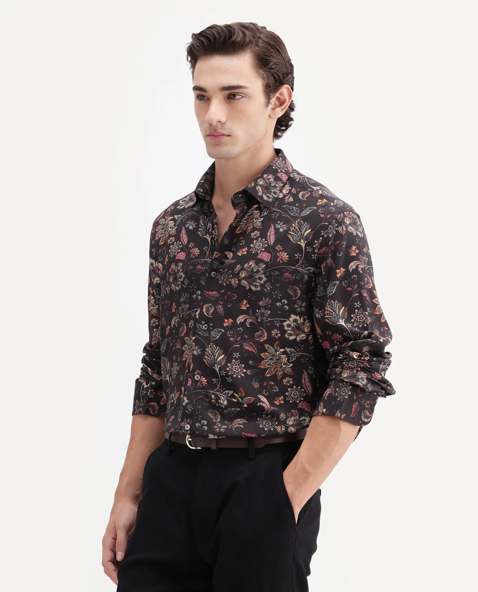 Rare Rabbit Men's Reed Black Viscose Fabric Full Sleeve Spread Collar Regular Floral Print Shirt - Image 5