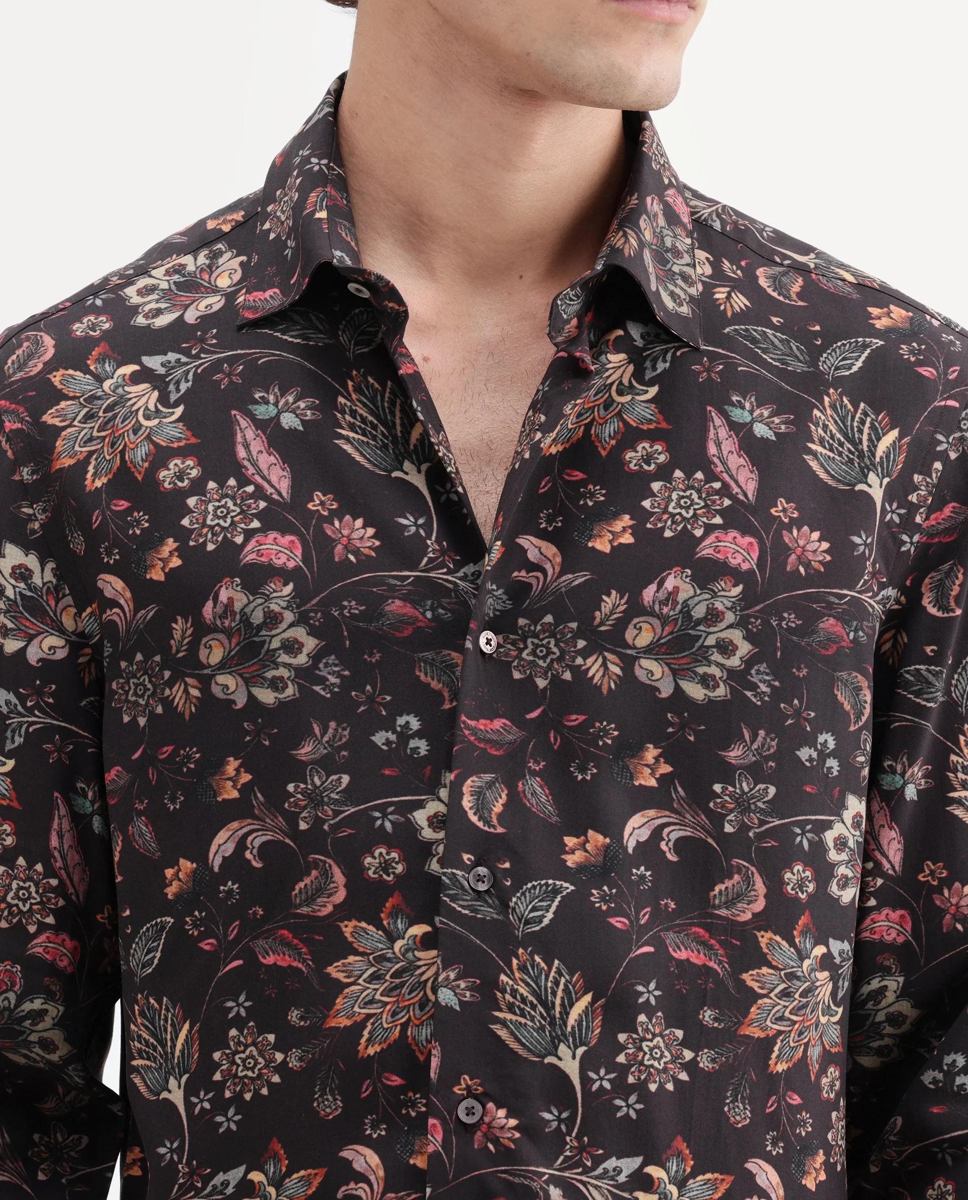 Rare Rabbit Men's Reed Black Viscose Fabric Full Sleeve Spread Collar Regular Floral Print Shirt - Image 6