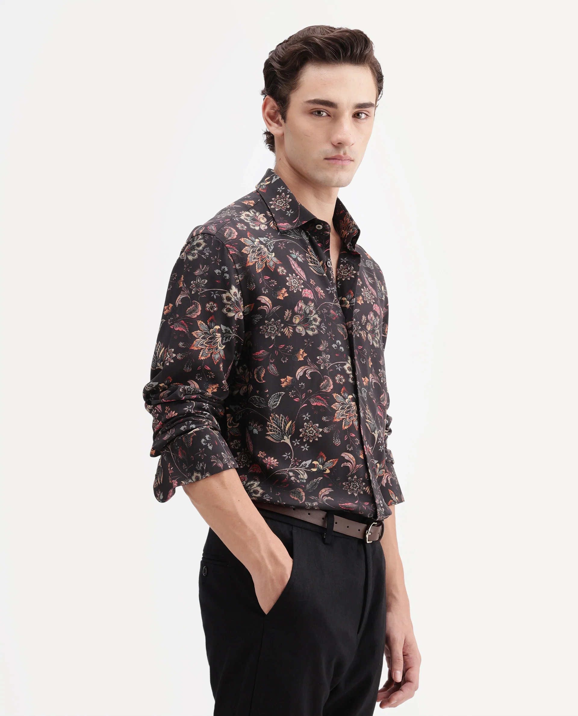 Rare Rabbit Men's Reed Black Viscose Fabric Full Sleeve Spread Collar Regular Floral Print Shirt - Image 7