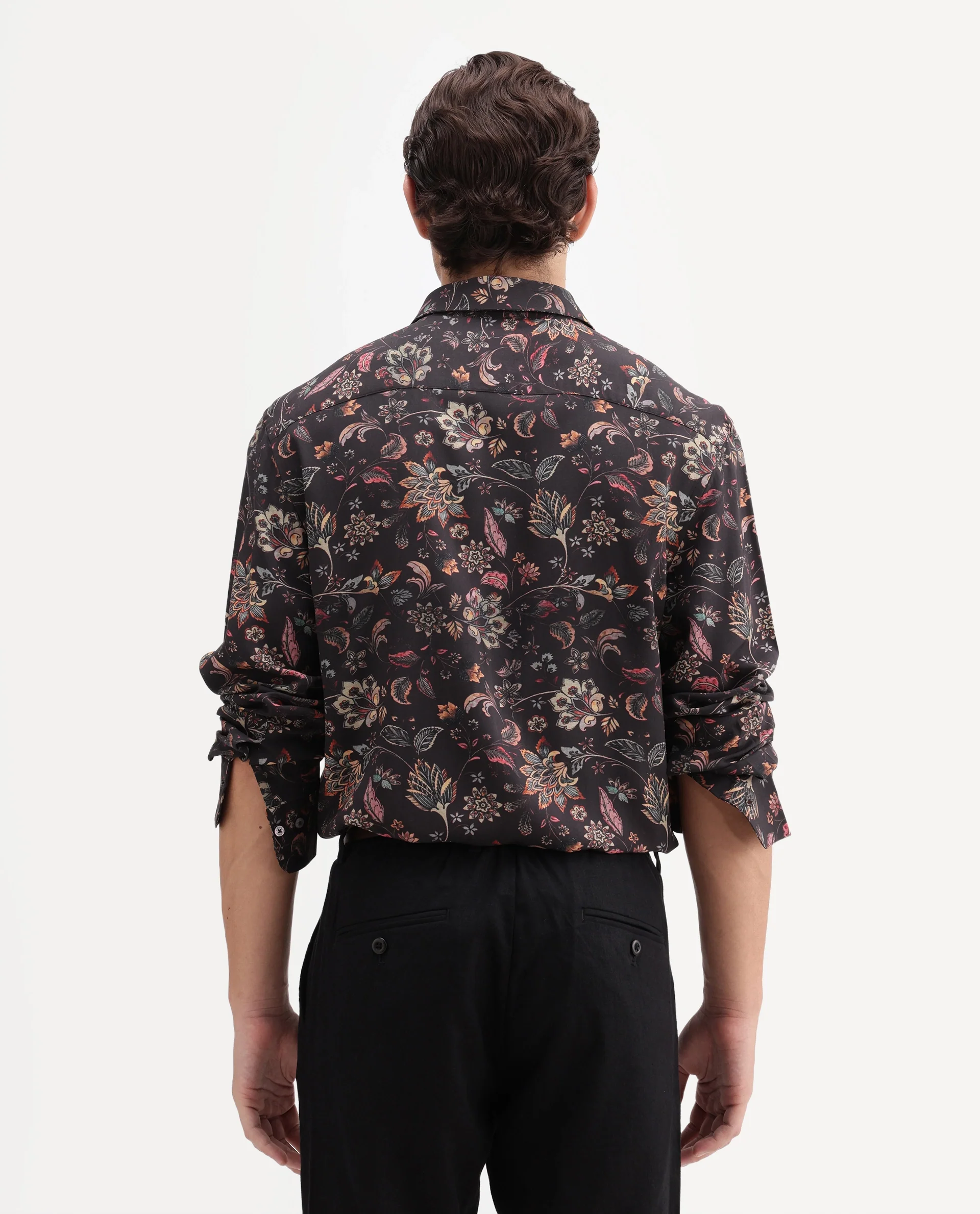 Rare Rabbit Men's Reed Black Viscose Fabric Full Sleeve Spread Collar Regular Floral Print Shirt - Image 8