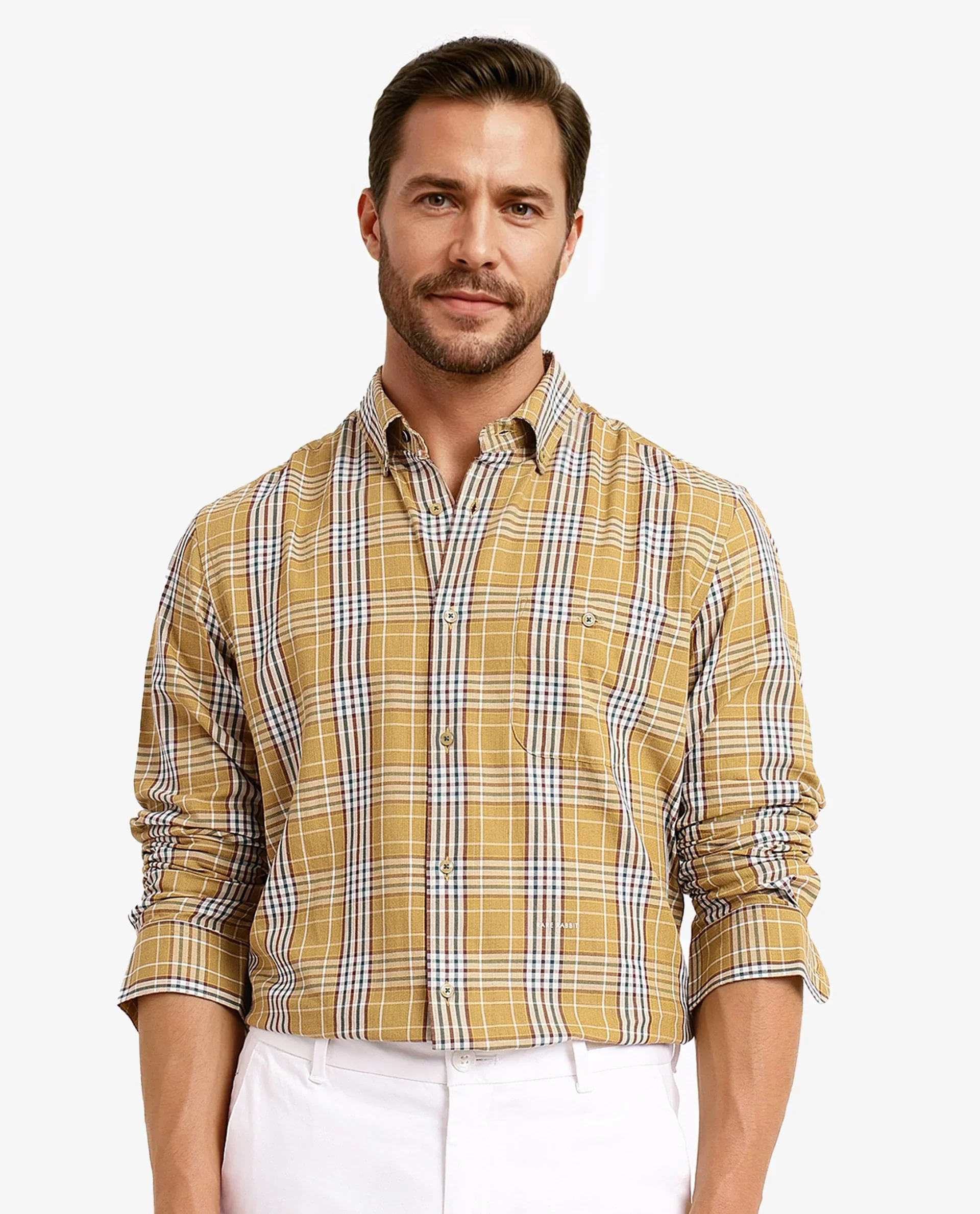 Rare Rabbit Men's Reed Light Brown Checked Print Regular Fit Full Sleeve Collared Shirt