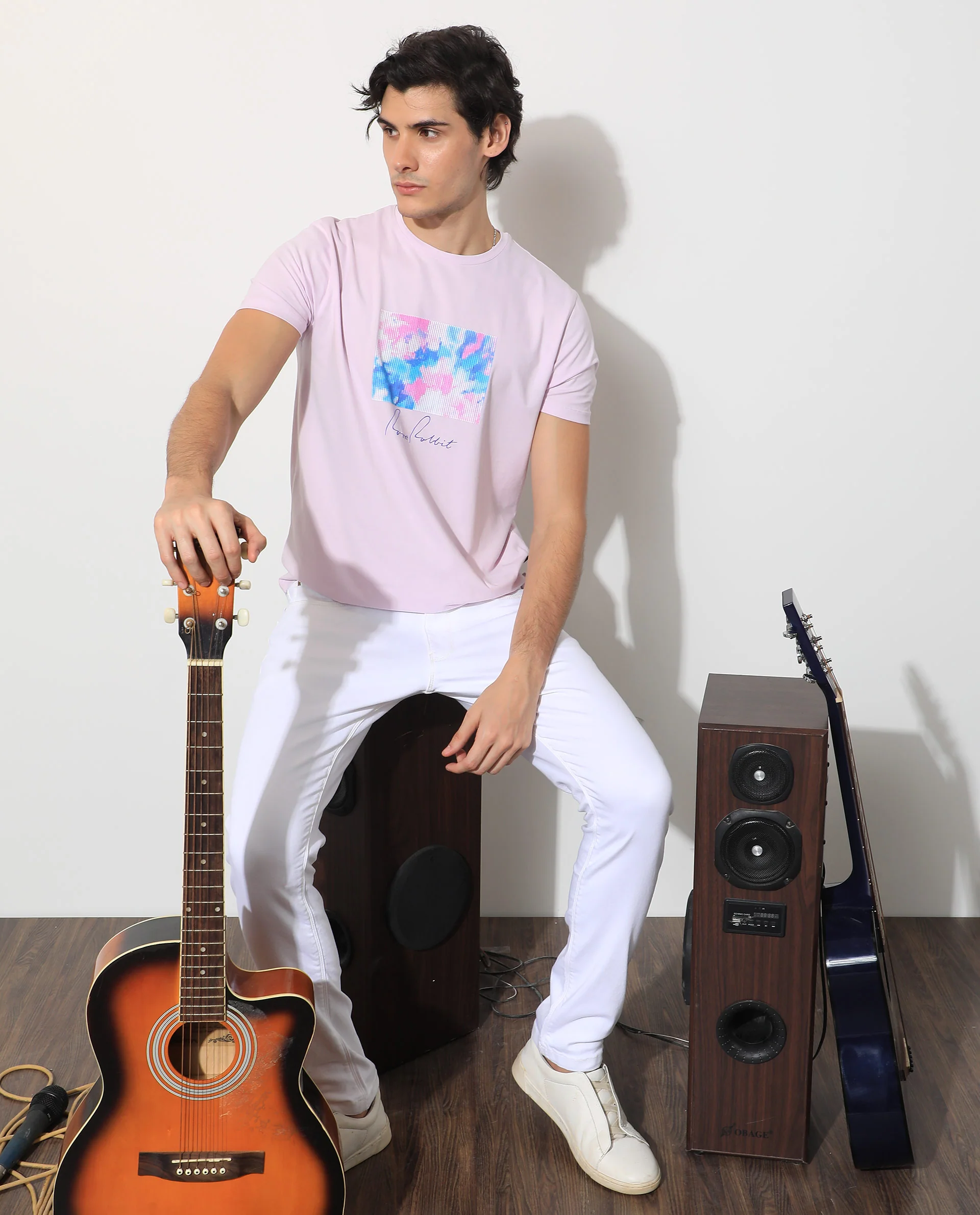 Rare Rabbit Men's Reed Pink Cotton Graphic Print Slim Fit Half Sleeve Crew Neck T-Shirt - Image 2