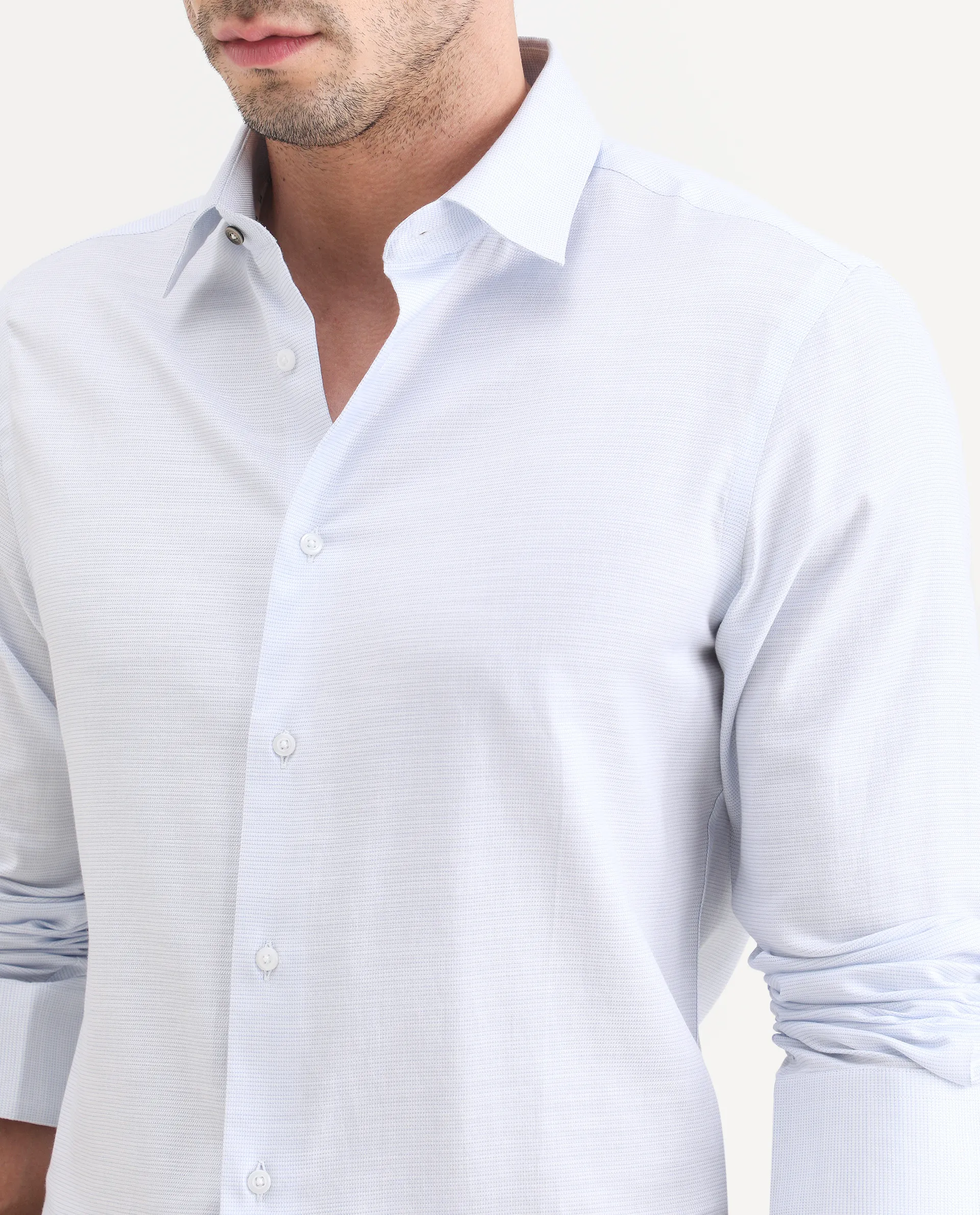 Rare Rabbit Men's Reef Light Blue Cotton Fabric Full Sleeve Spread Collar Button Regular Plain Shirt - Image 3