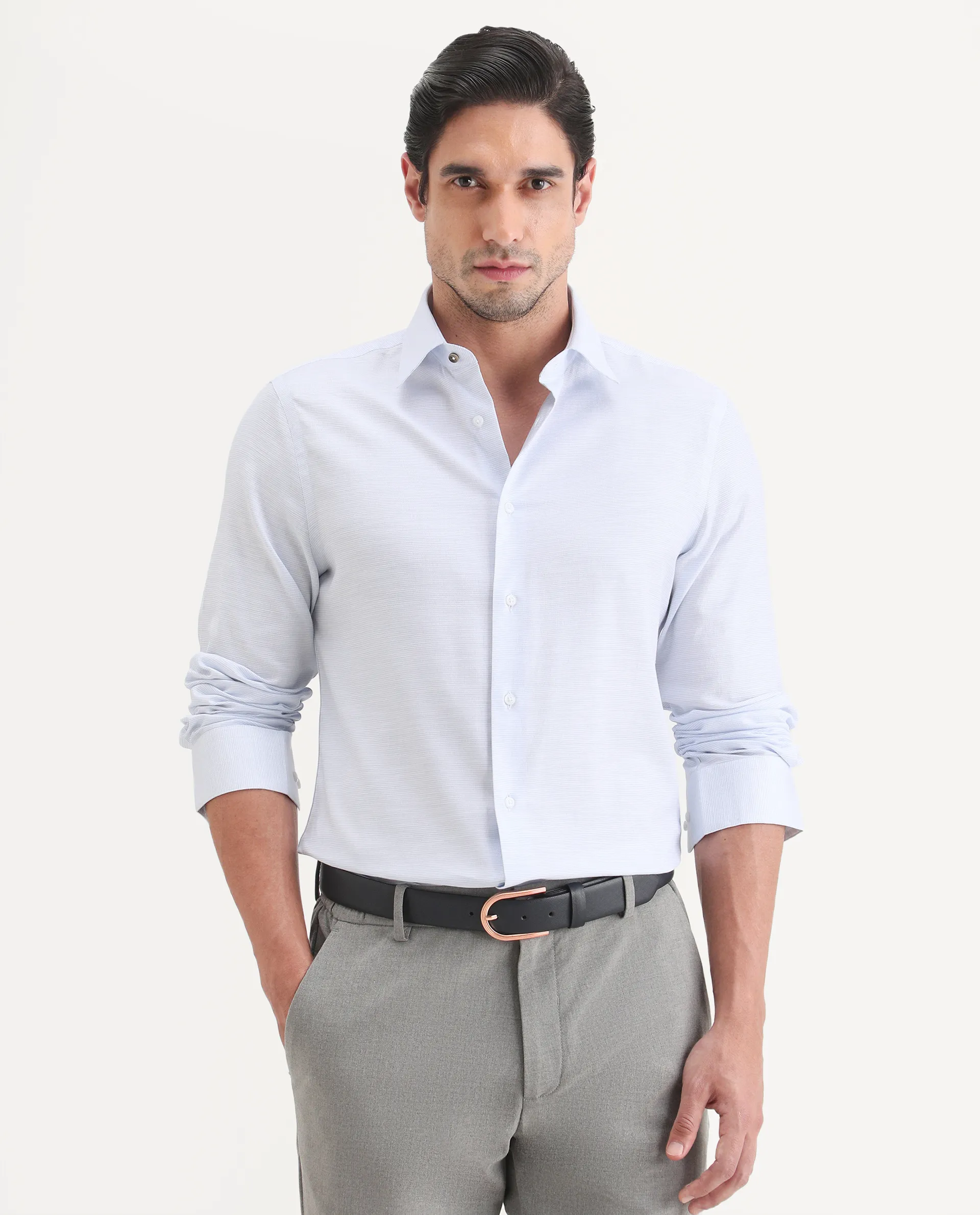 Rare Rabbit Men's Reef Light Blue Cotton Fabric Full Sleeve Spread Collar Button Regular Plain Shirt - Image 4