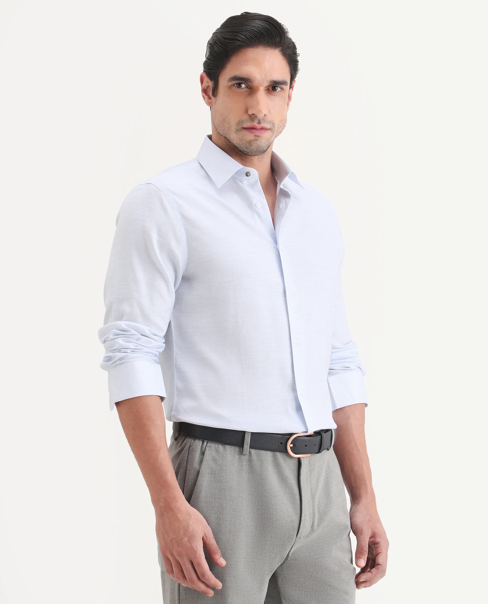 Rare Rabbit Men's Reef Light Blue Cotton Fabric Full Sleeve Spread Collar Button Regular Plain Shirt - Image 5