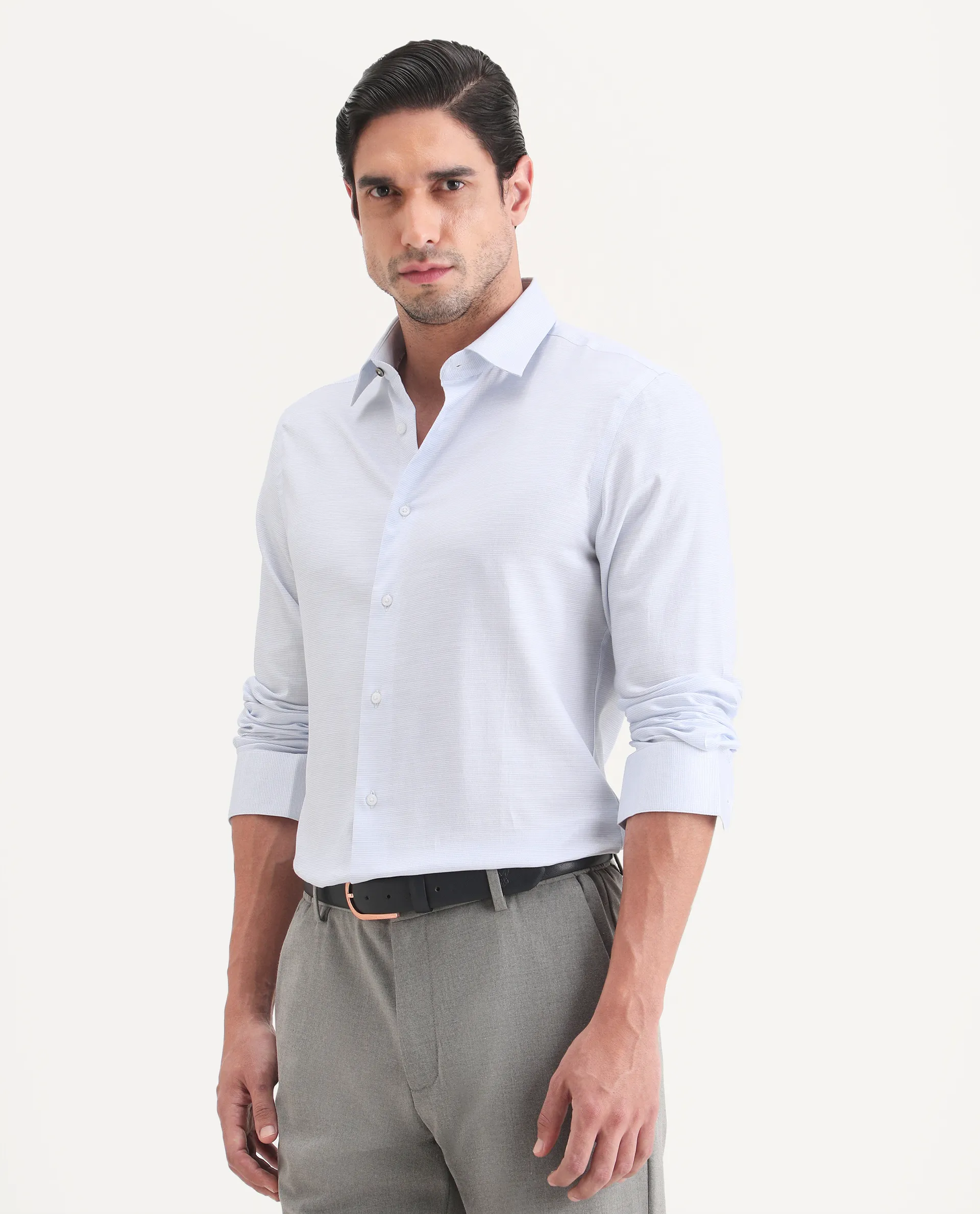 Rare Rabbit Men's Reef Light Blue Cotton Fabric Full Sleeve Spread Collar Button Regular Plain Shirt - Image 6