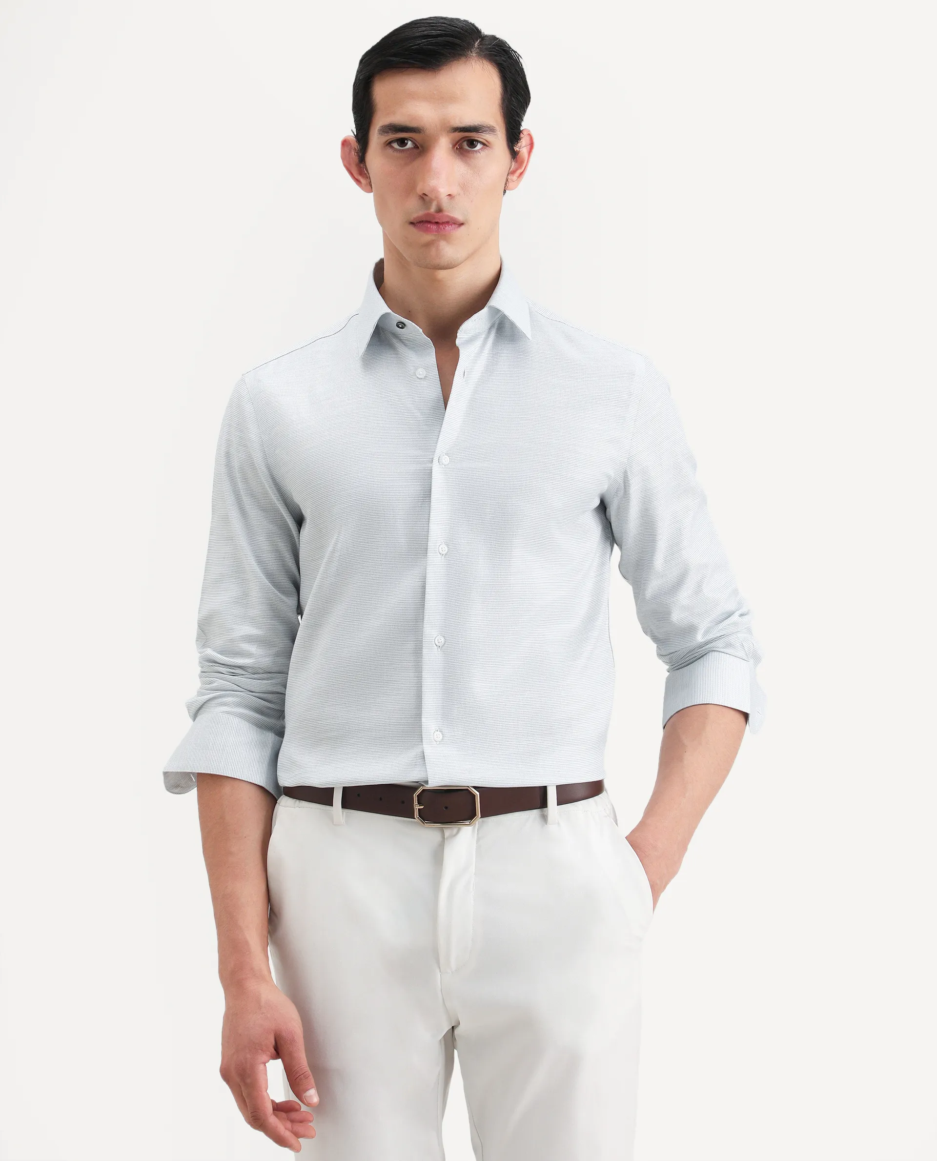 Rare Rabbit Men's Reef Light Green Cotton Fabric Full Sleeve Spread Collar Button Regular Plain Shirt - Image 3