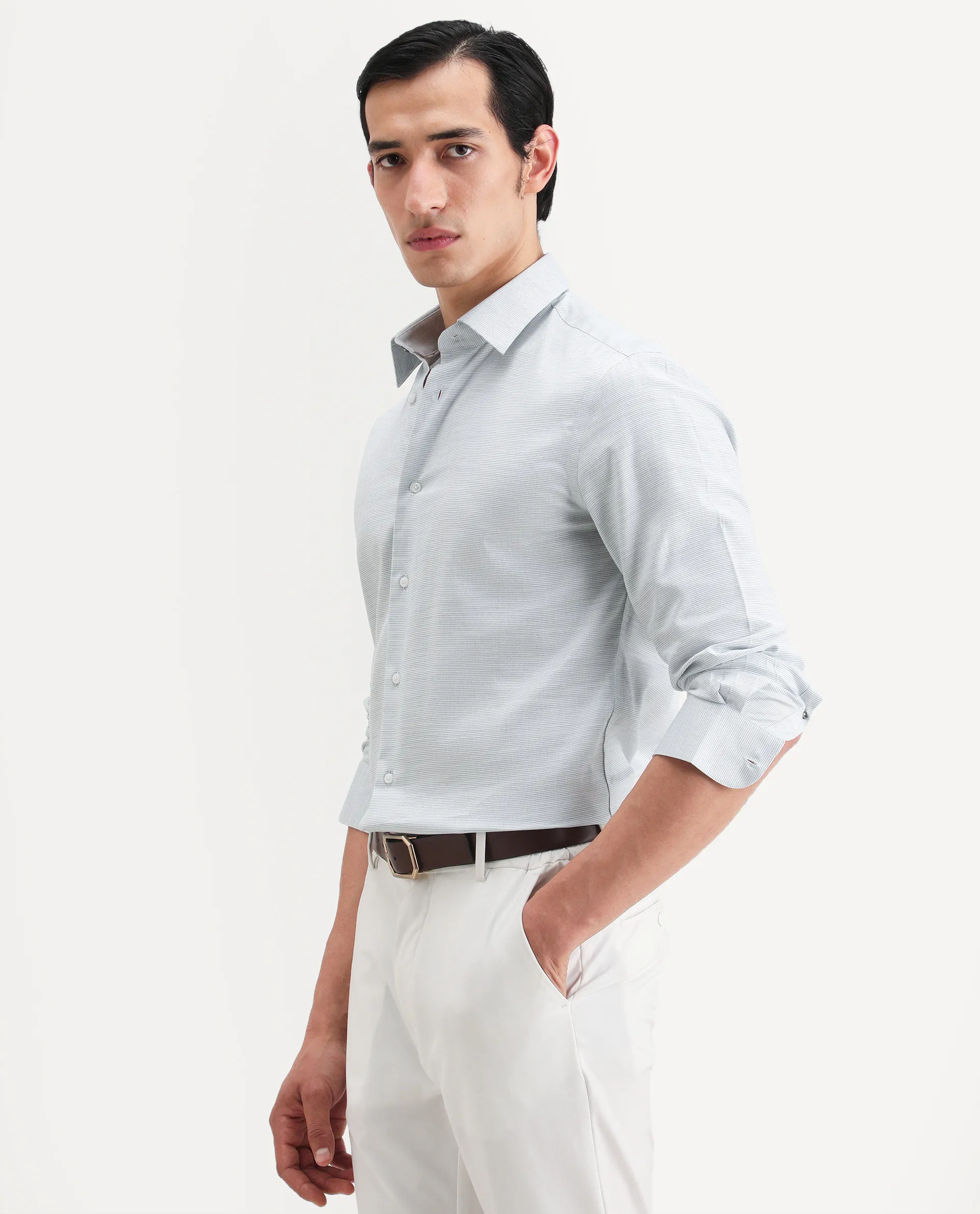 Rare Rabbit Men's Reef Light Green Cotton Fabric Full Sleeve Spread Collar Button Regular Plain Shirt - Image 4