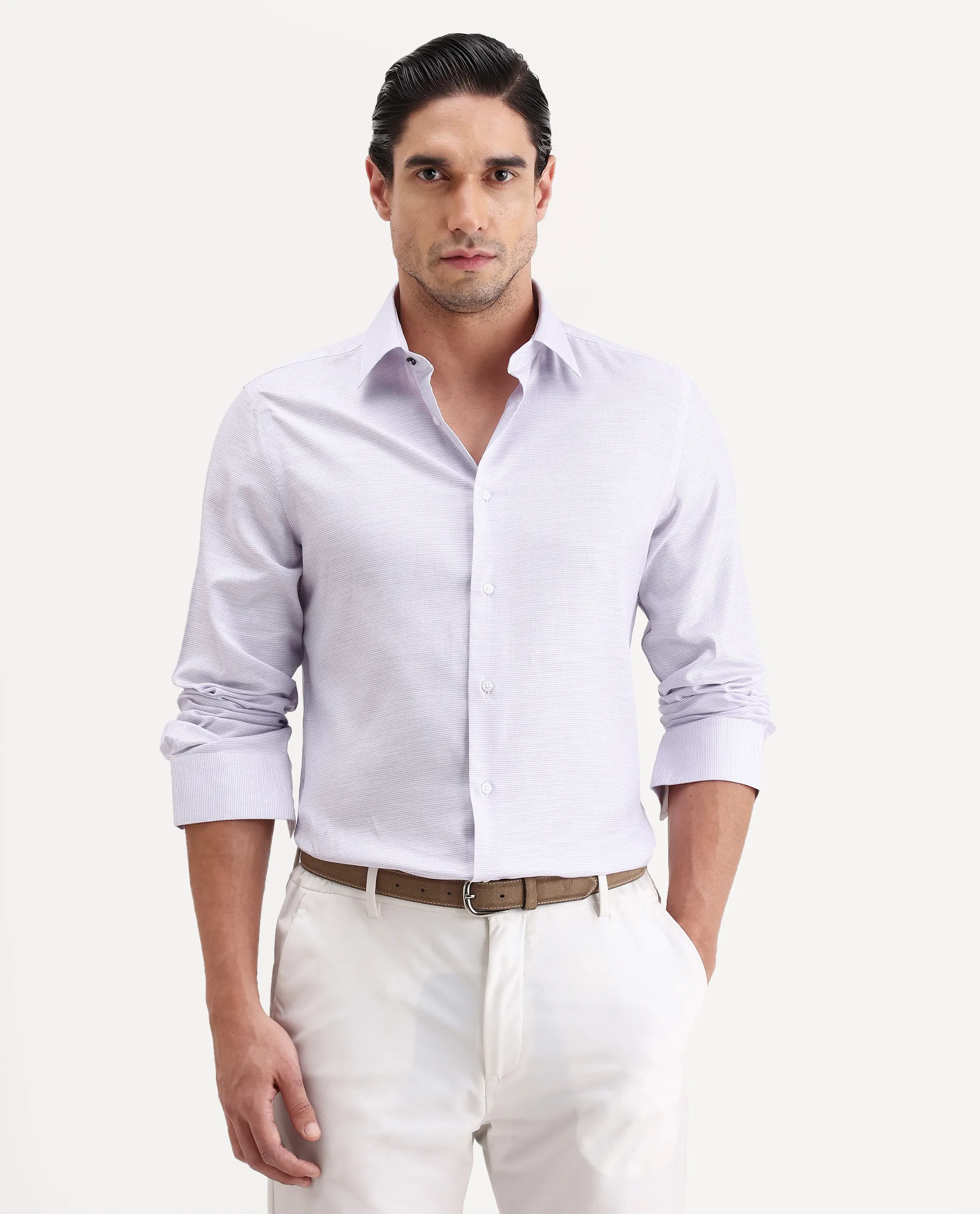 Rare Rabbit Men's Reef Light Purple Cotton Fabric Full Sleeve Spread Collar Button Regular Plain Shirt - Image 4