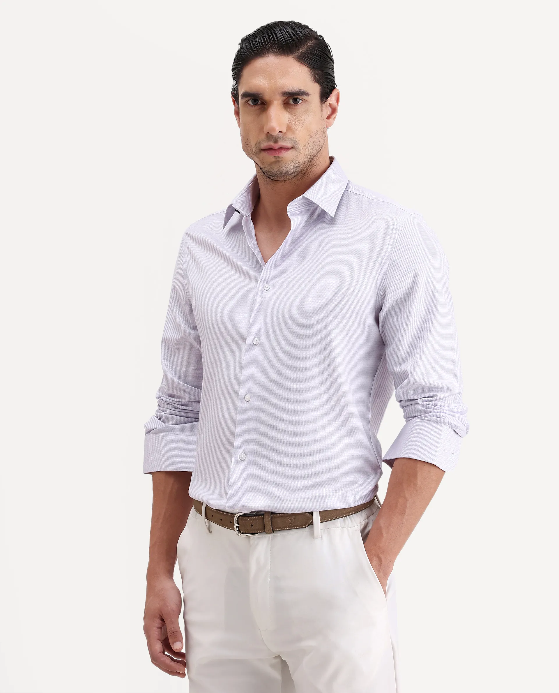 Rare Rabbit Men's Reef Light Purple Cotton Fabric Full Sleeve Spread Collar Button Regular Plain Shirt - Image 5