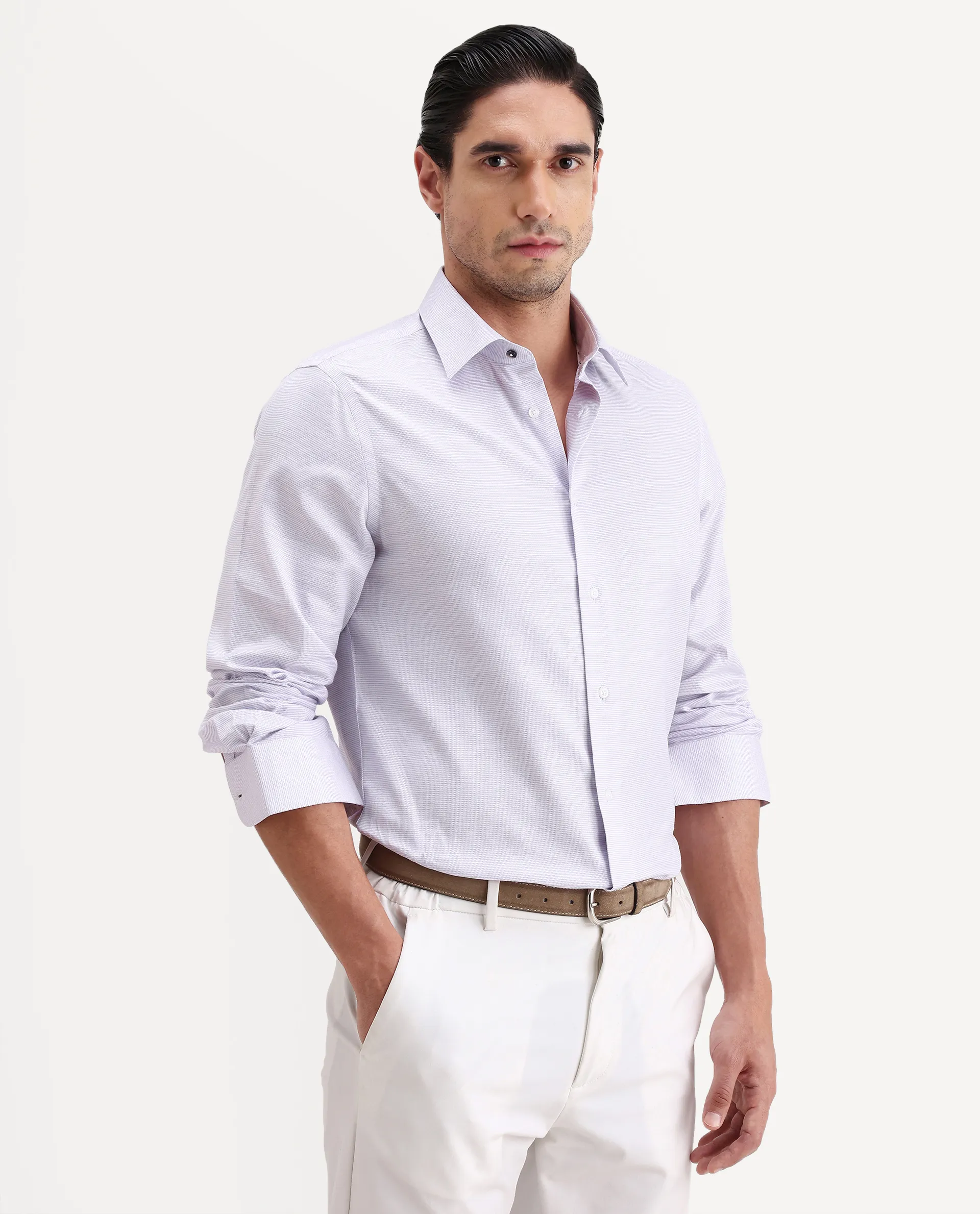 Rare Rabbit Men's Reef Light Purple Cotton Fabric Full Sleeve Spread Collar Button Regular Plain Shirt - Image 6