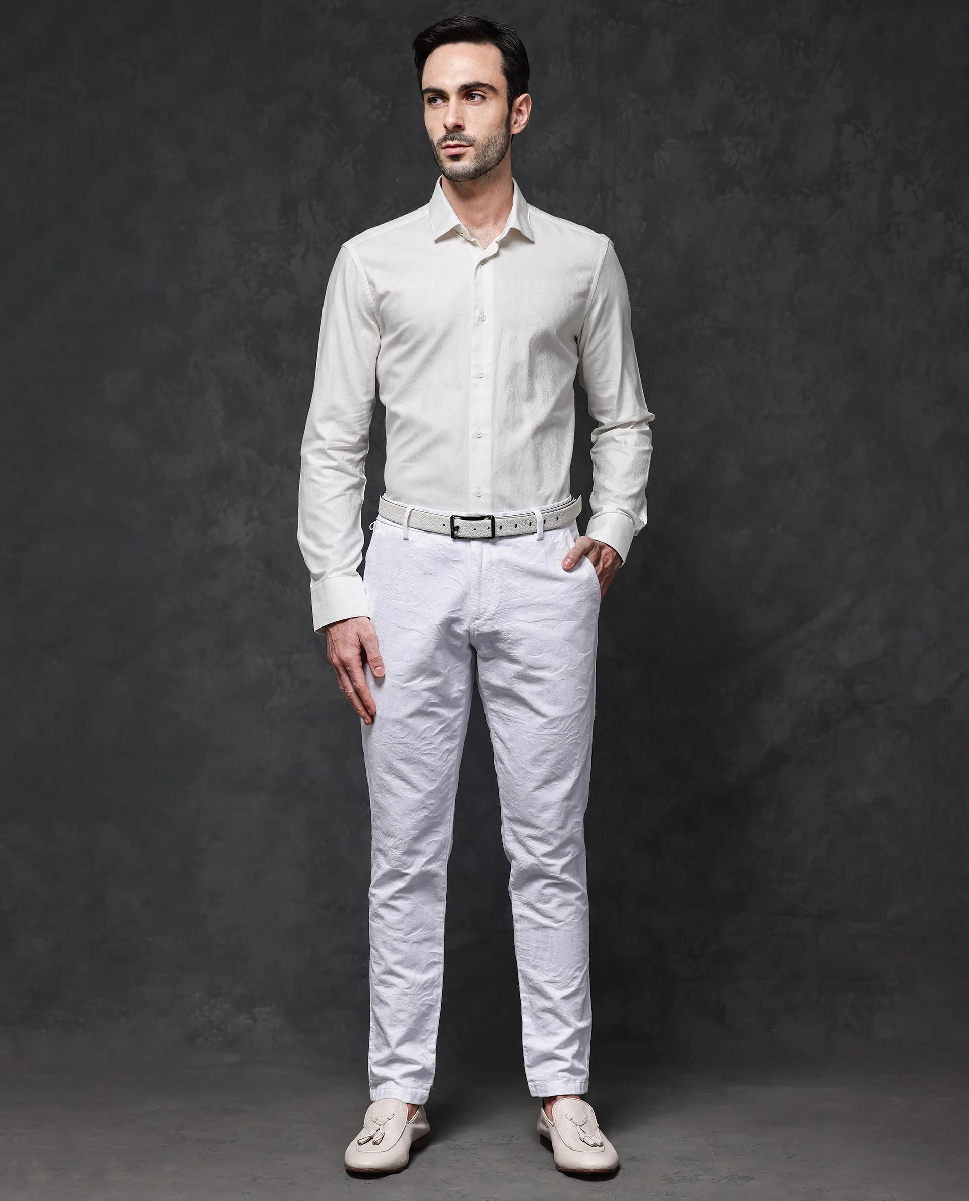 Rare Rabbit Men's Reel Off White Cotton Jacquard Regular Fit Full Sleeve Collared Shirt - Image 3