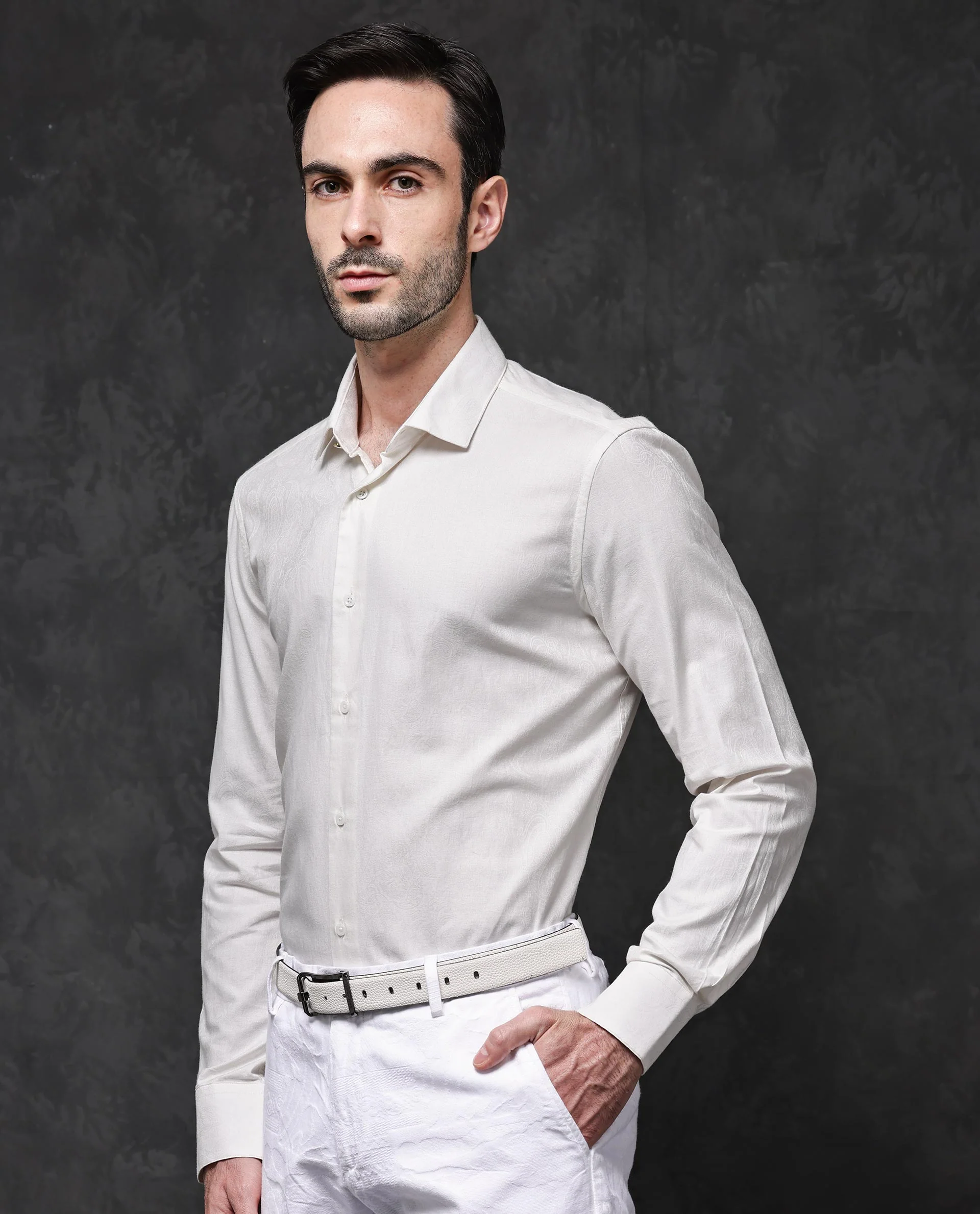Rare Rabbit Men's Reel Off White Cotton Jacquard Regular Fit Full Sleeve Collared Shirt - Image 4