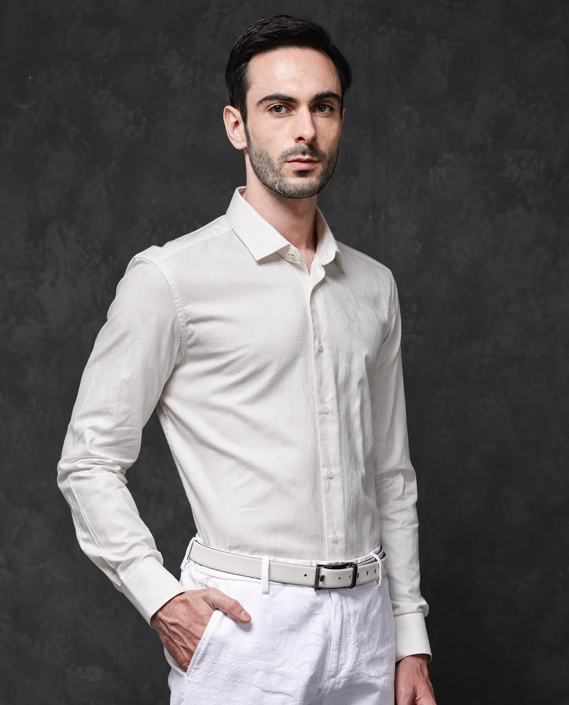 Rare Rabbit Men's Reel Off White Cotton Jacquard Regular Fit Full Sleeve Collared Shirt - Image 7