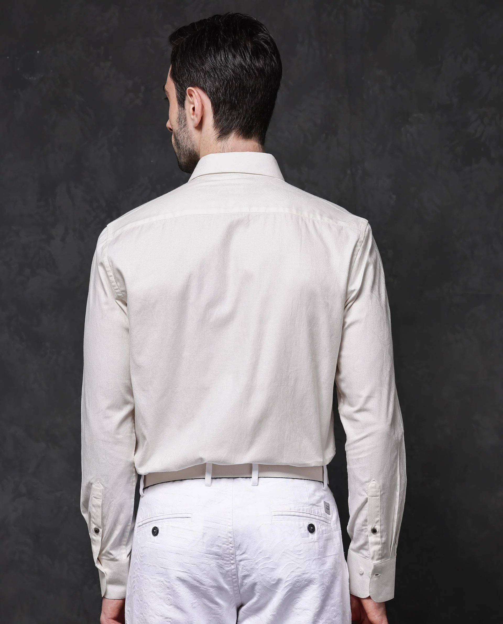 Rare Rabbit Men's Reel Off White Cotton Jacquard Regular Fit Full Sleeve Collared Shirt - Image 8
