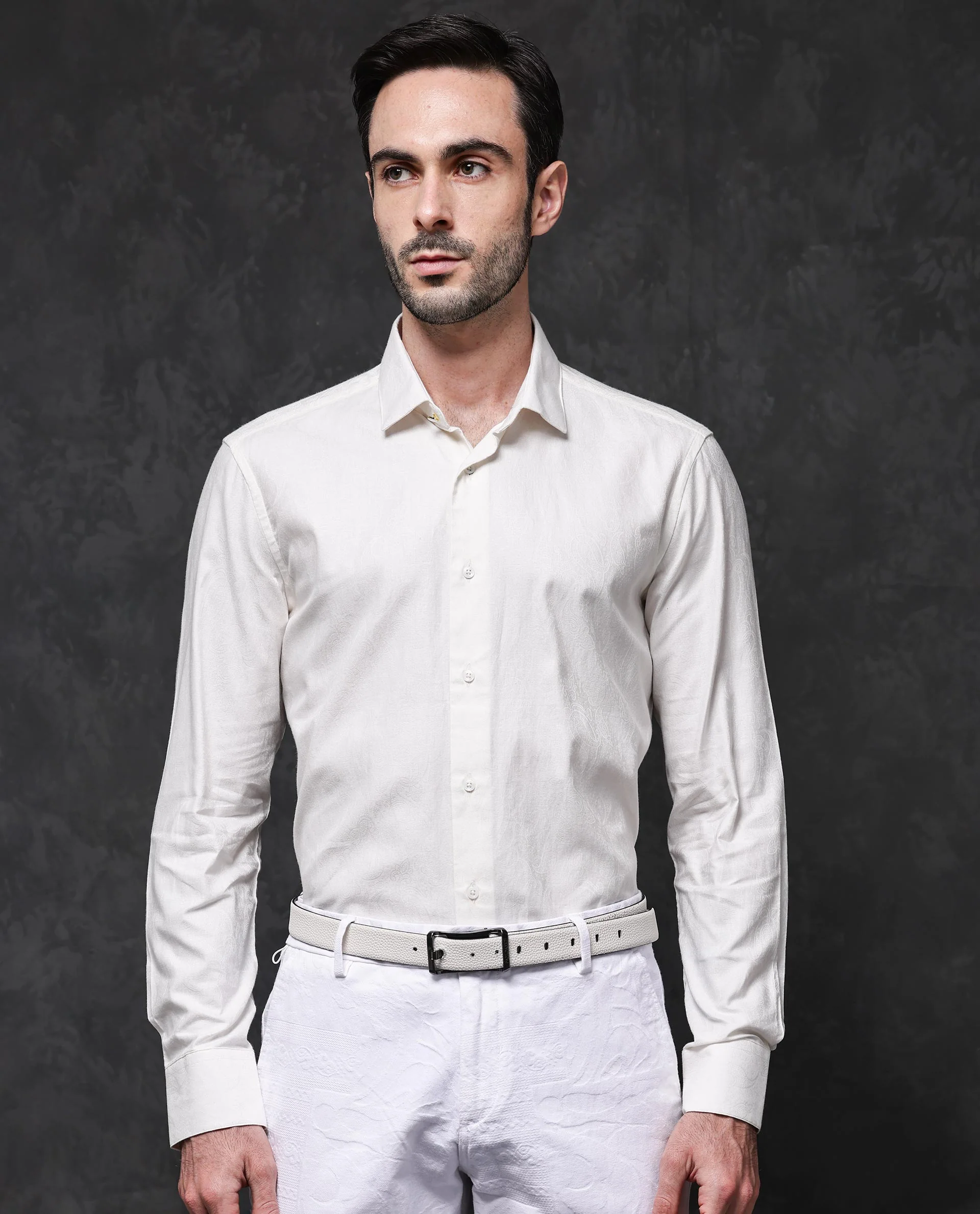 Rare Rabbit Men's Reel Off White Cotton Jacquard Regular Fit Full Sleeve Collared Shirt - Image 9