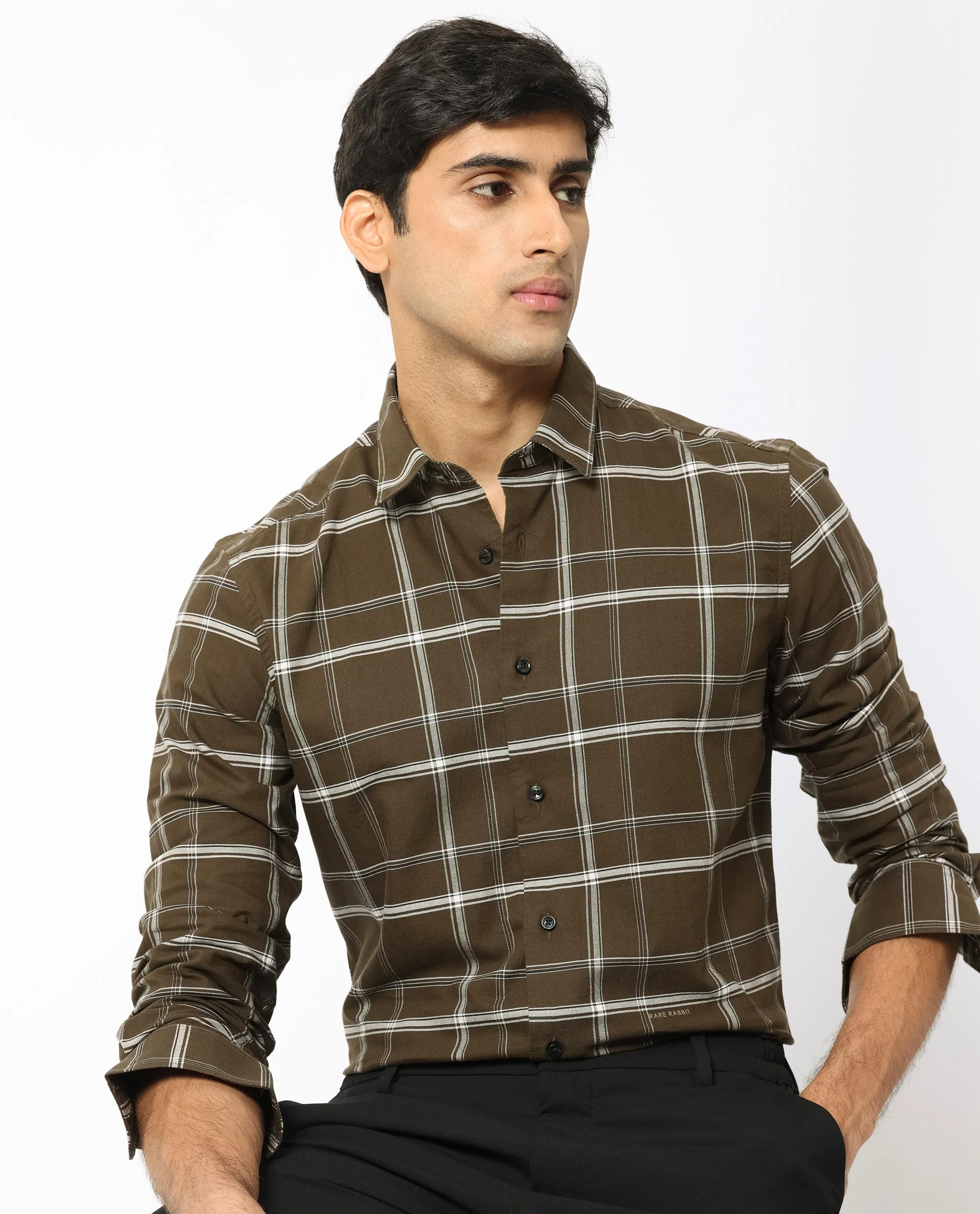 Rare Rabbit Men's Reesit Brown Cotton Checked Print Regular Fit Full Sleeve Collared Shirt
