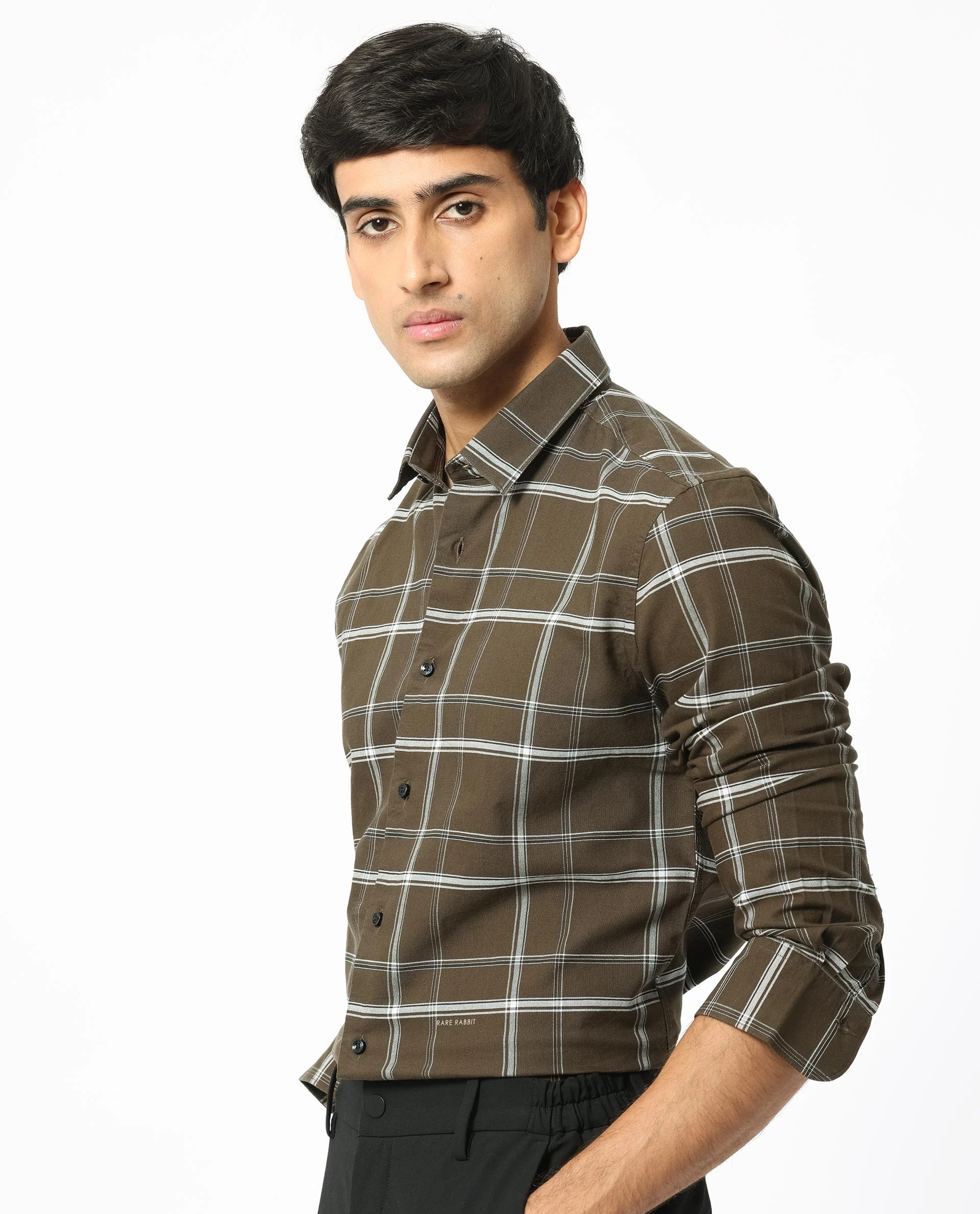 Rare Rabbit Men's Reesit Brown Cotton Checked Print Regular Fit Full Sleeve Collared Shirt - Image 3