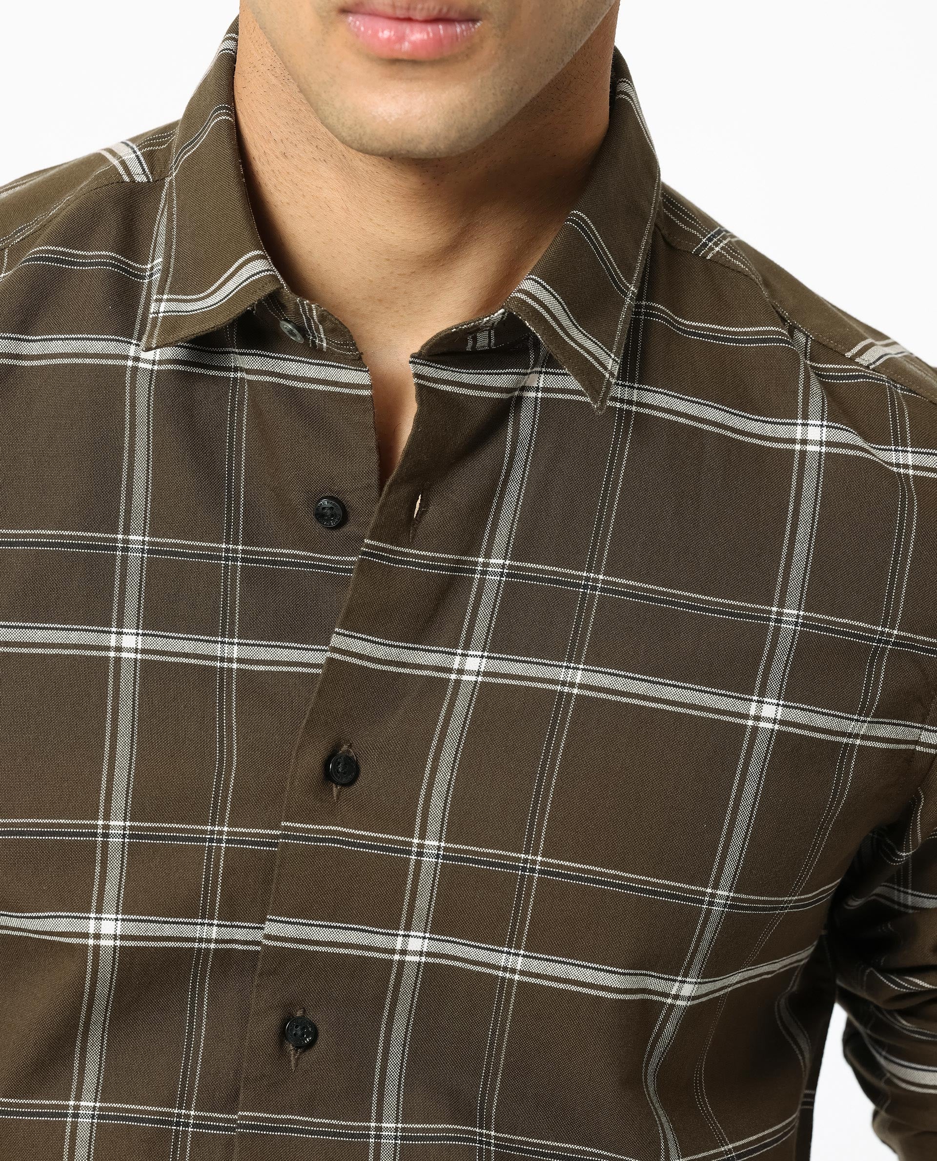 Rare Rabbit Men's Reesit Brown Cotton Checked Print Regular Fit Full Sleeve Collared Shirt - Image 4