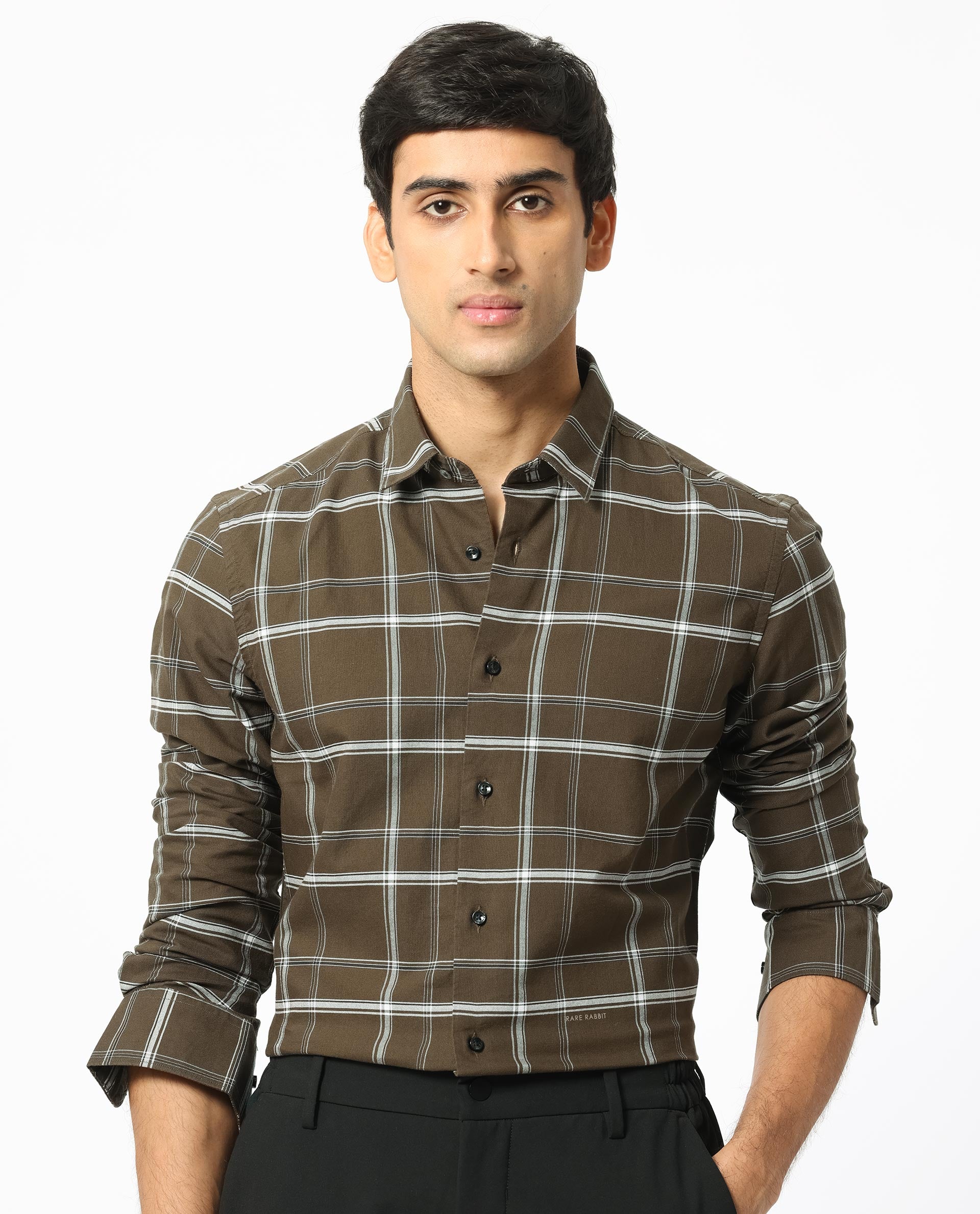 Rare Rabbit Men's Reesit Brown Cotton Checked Print Regular Fit Full Sleeve Collared Shirt - Image 7
