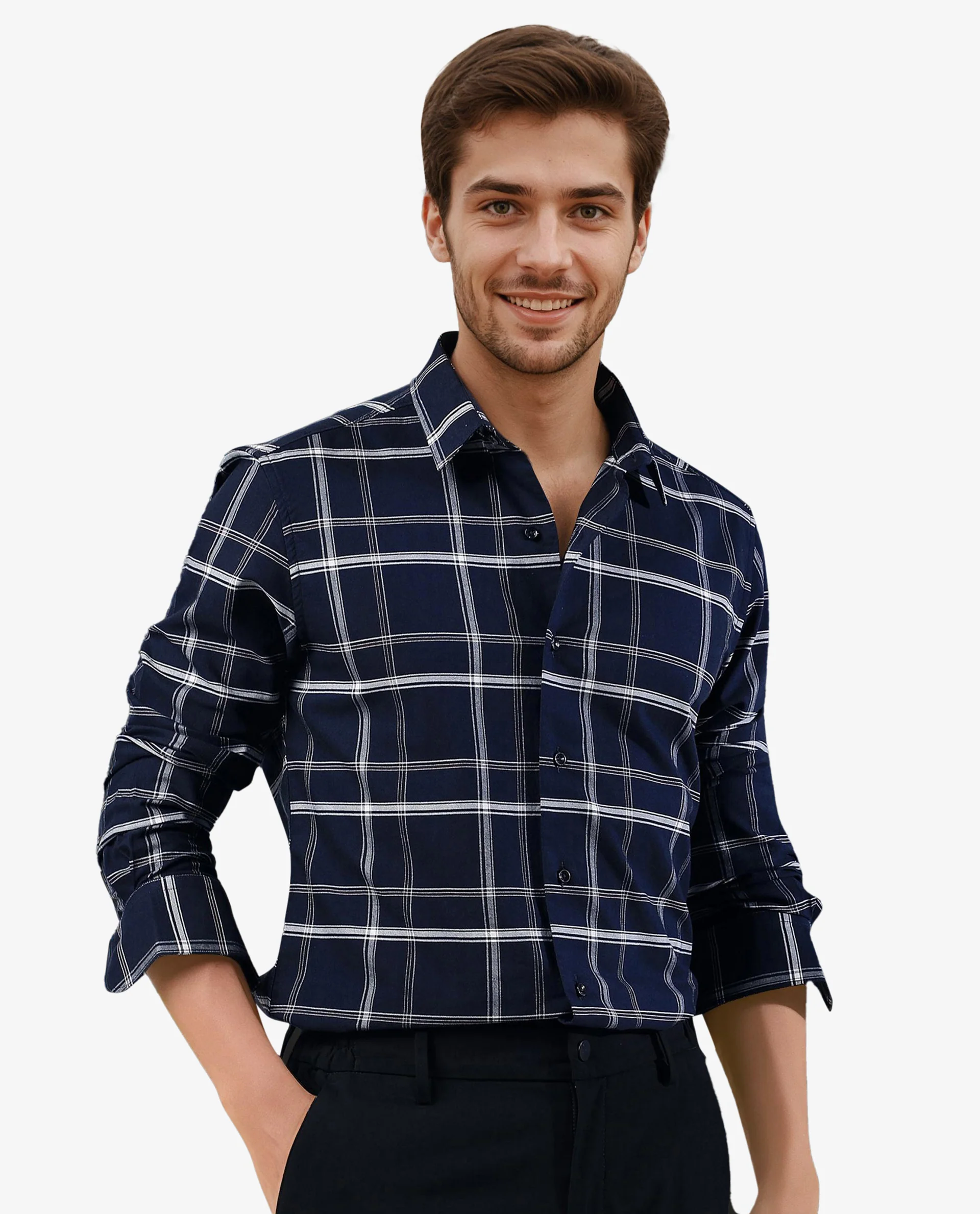 Rare Rabbit Men's Reesit Navy Cotton Checked Print Regular Fit Full Sleeve Collared Shirt