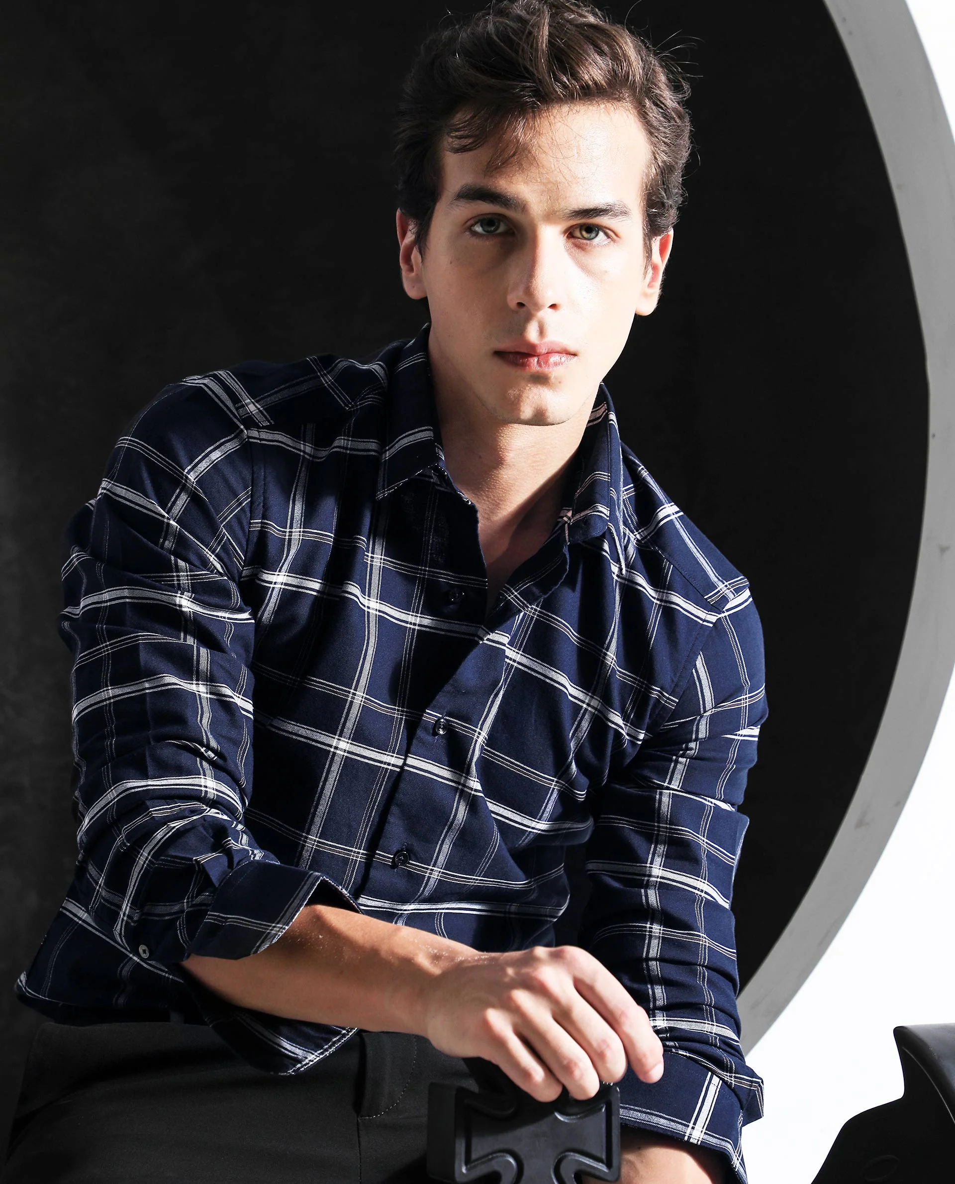 Rare Rabbit Men's Reesit Navy Cotton Checked Print Regular Fit Full Sleeve Collared Shirt - Image 2