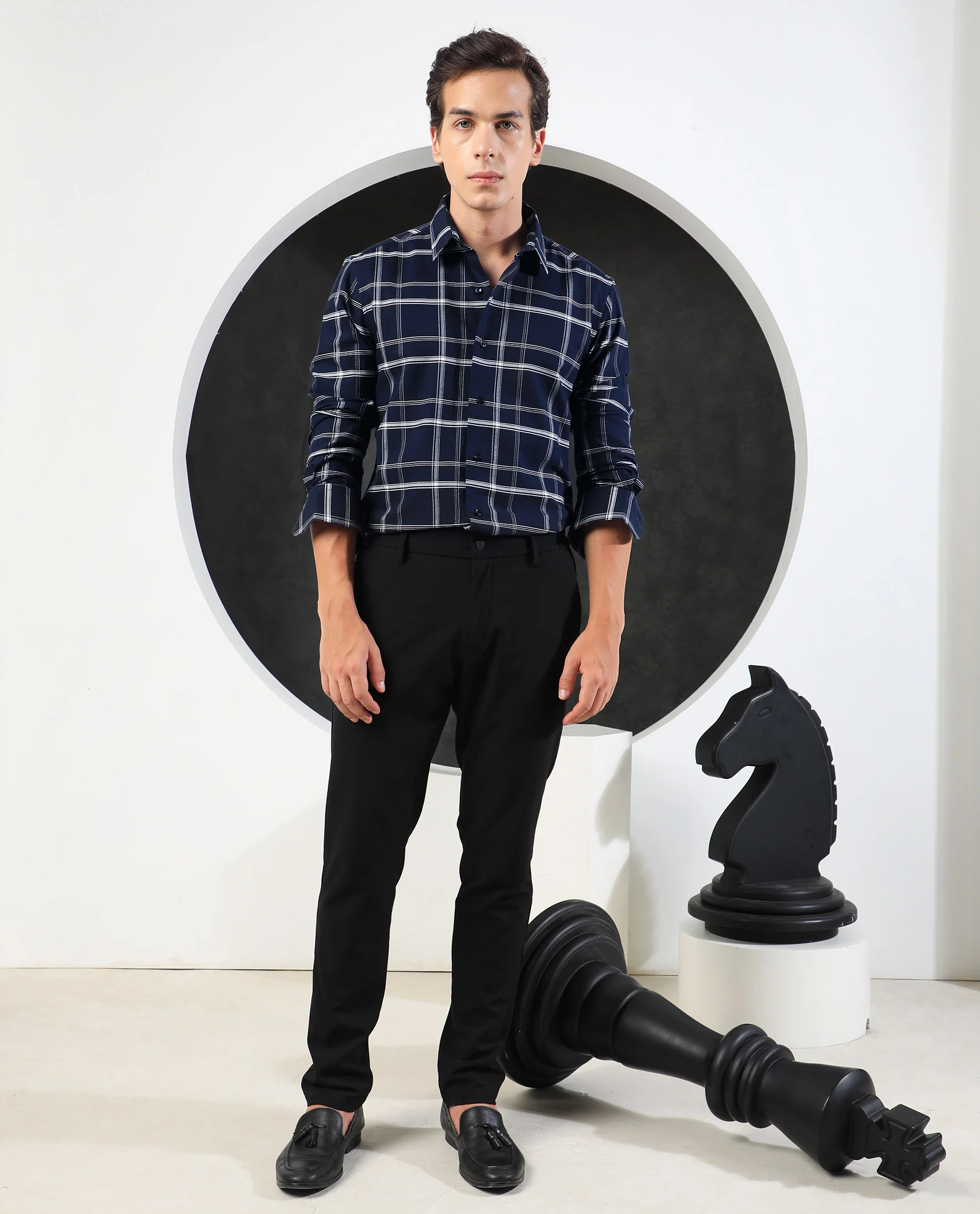 Rare Rabbit Men's Reesit Navy Cotton Checked Print Regular Fit Full Sleeve Collared Shirt - Image 4
