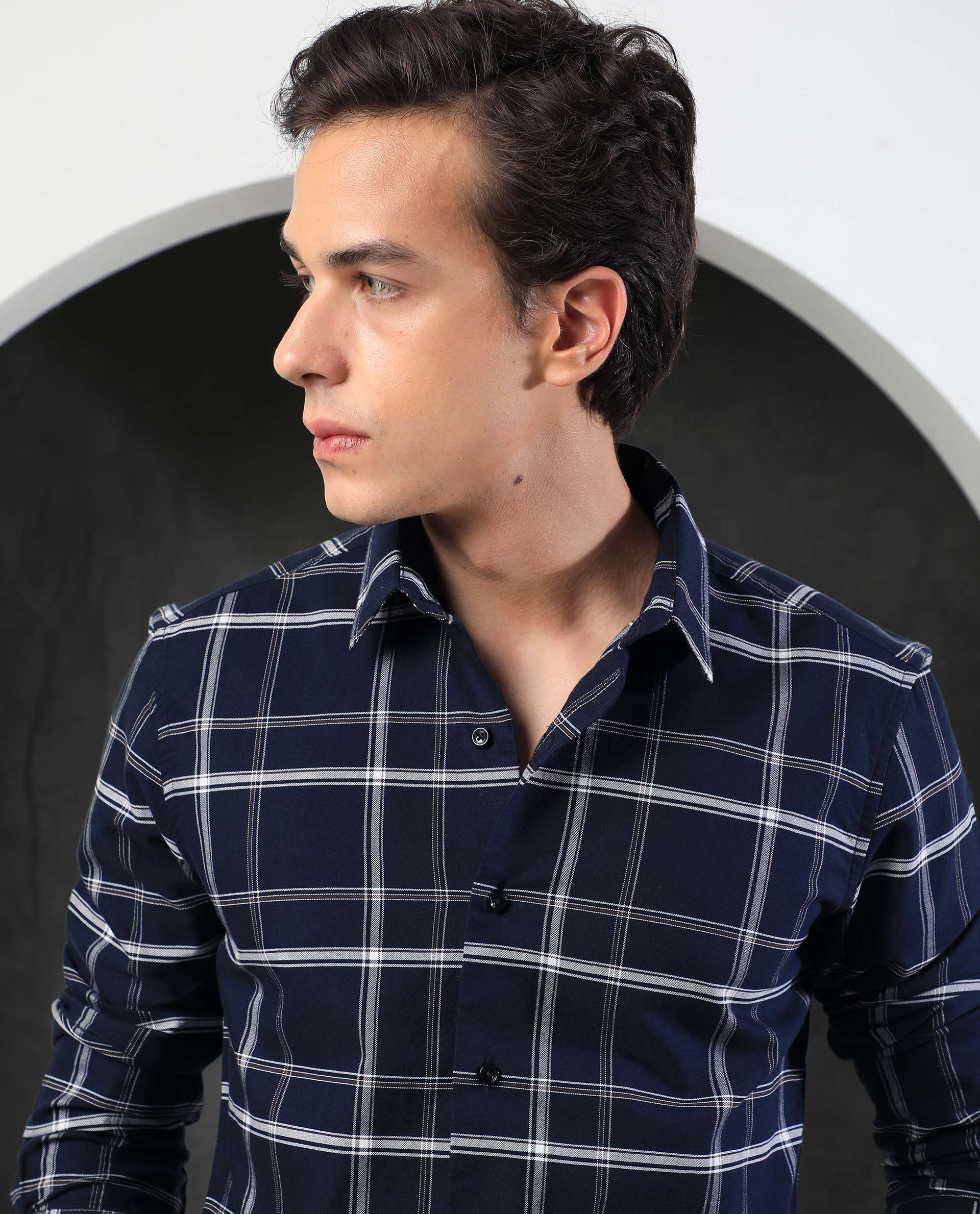 Rare Rabbit Men's Reesit Navy Cotton Checked Print Regular Fit Full Sleeve Collared Shirt - Image 5