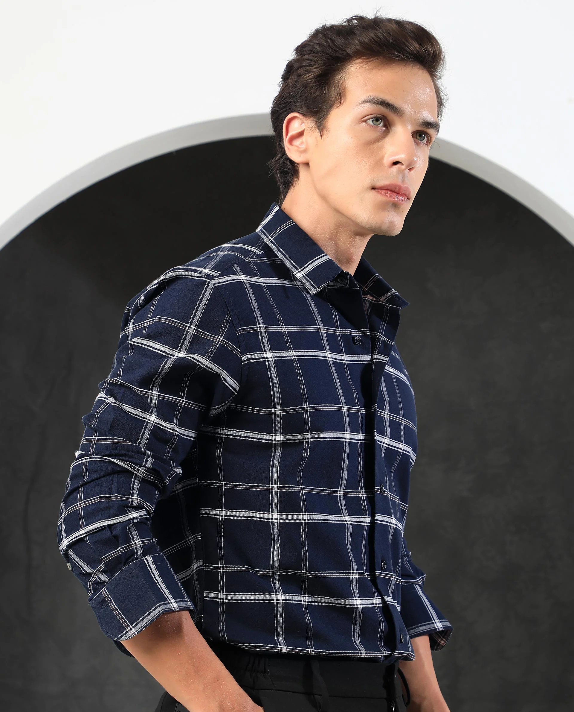 Rare Rabbit Men's Reesit Navy Cotton Checked Print Regular Fit Full Sleeve Collared Shirt - Image 6