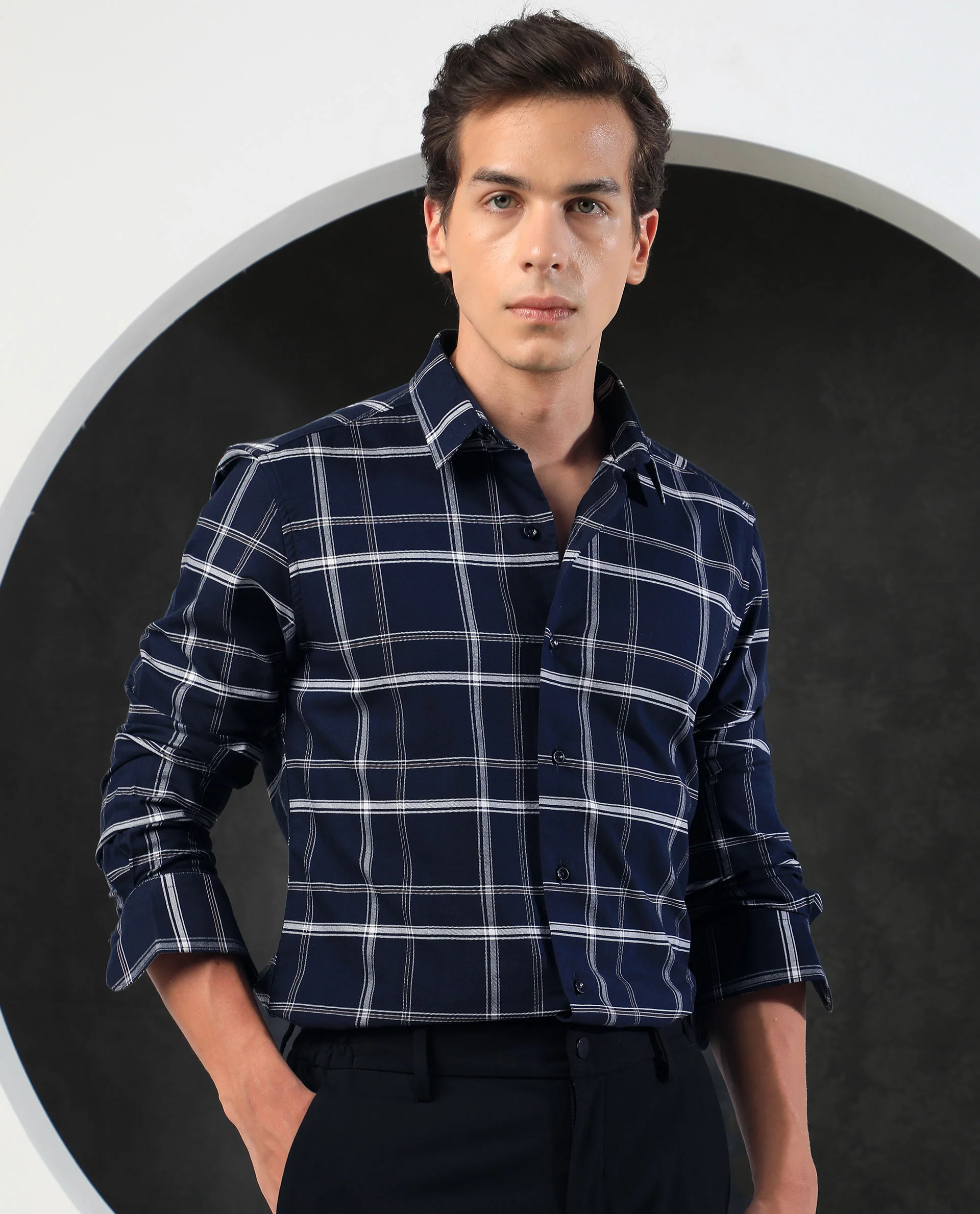Rare Rabbit Men's Reesit Navy Cotton Checked Print Regular Fit Full Sleeve Collared Shirt - Image 7