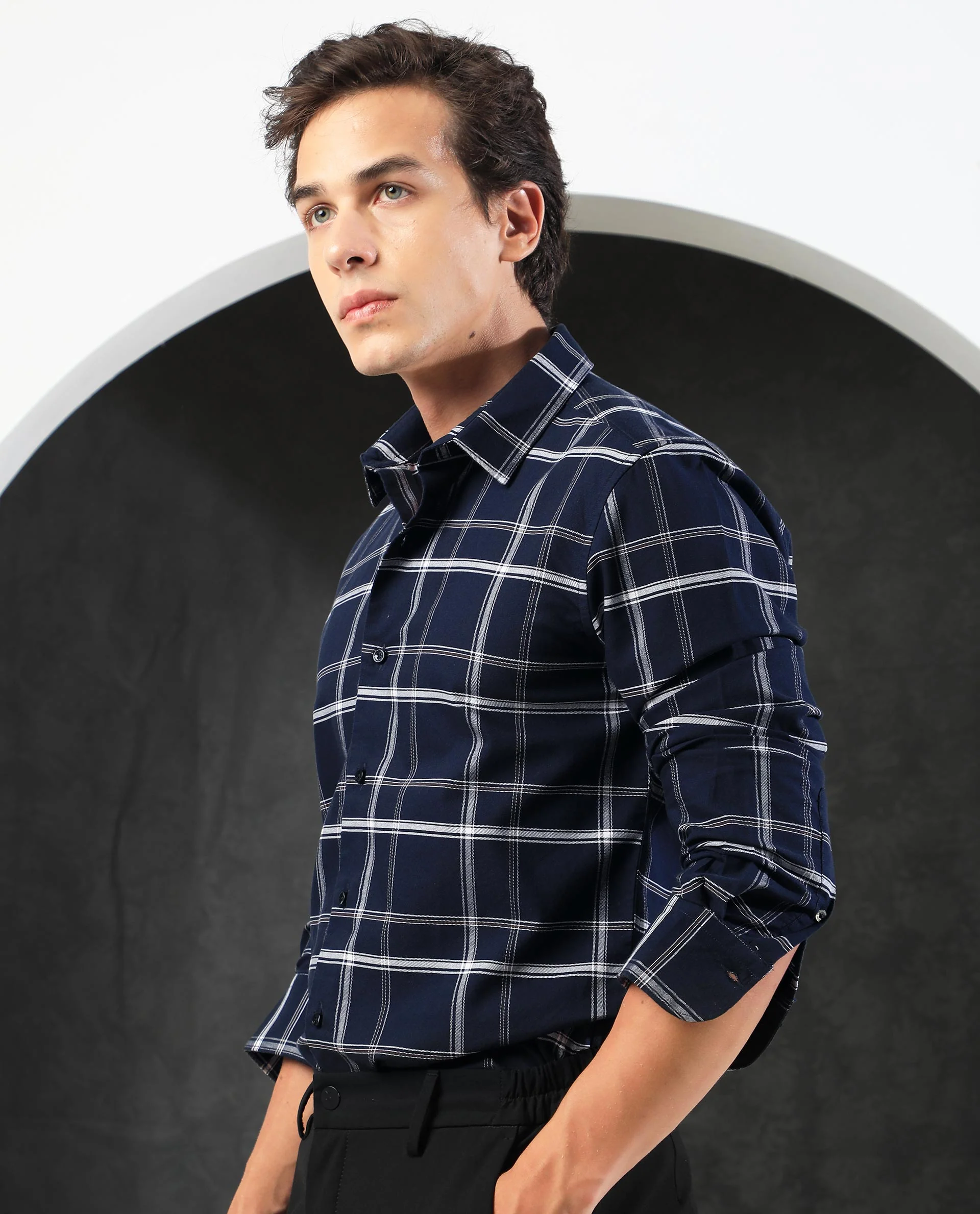 Rare Rabbit Men's Reesit Navy Cotton Checked Print Regular Fit Full Sleeve Collared Shirt - Image 8