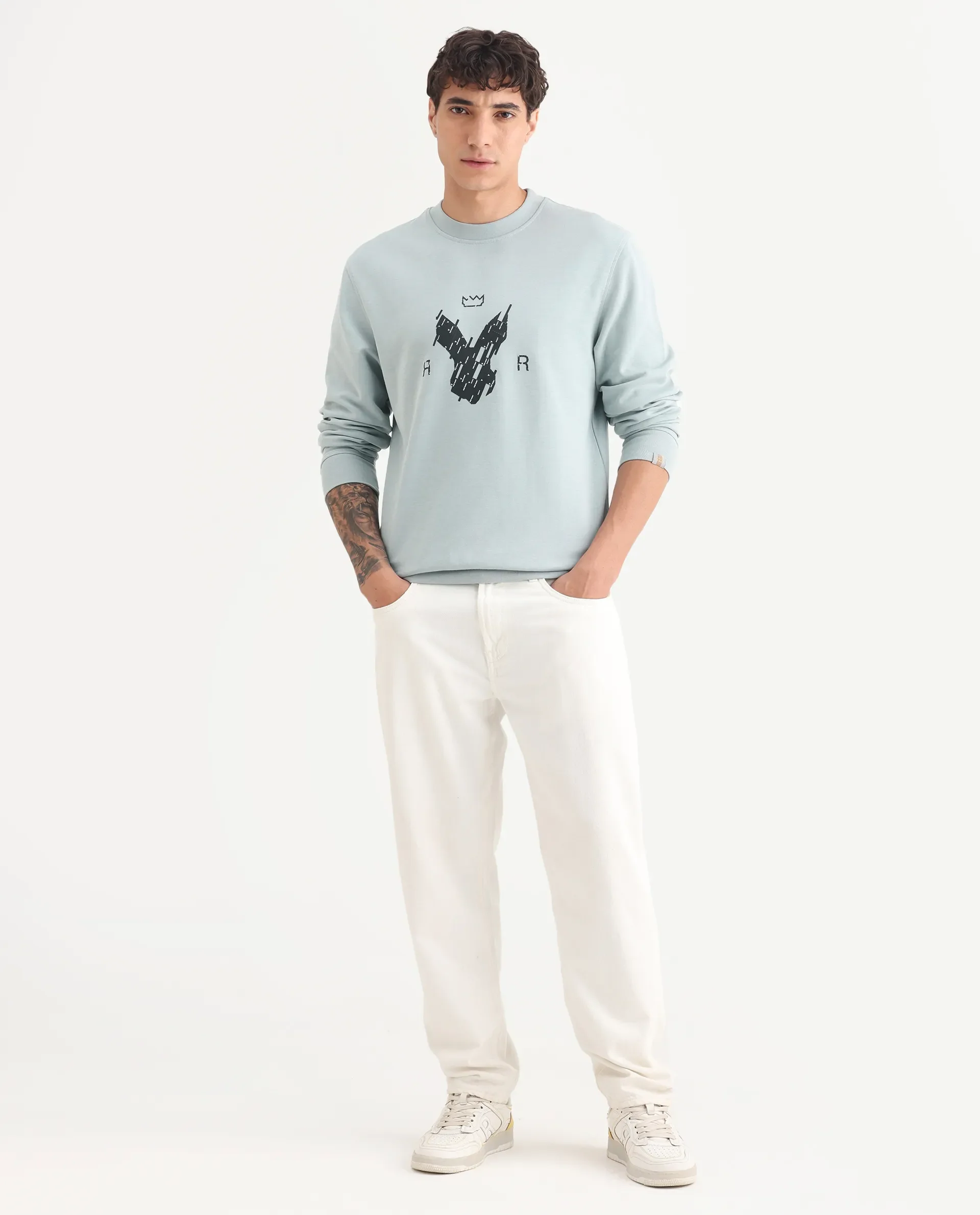 Rare Rabbit Men's Ref Light Grey Cotton Plain Regular Fit Full Sleeve Crew Neck Sweatshirt - Image 2