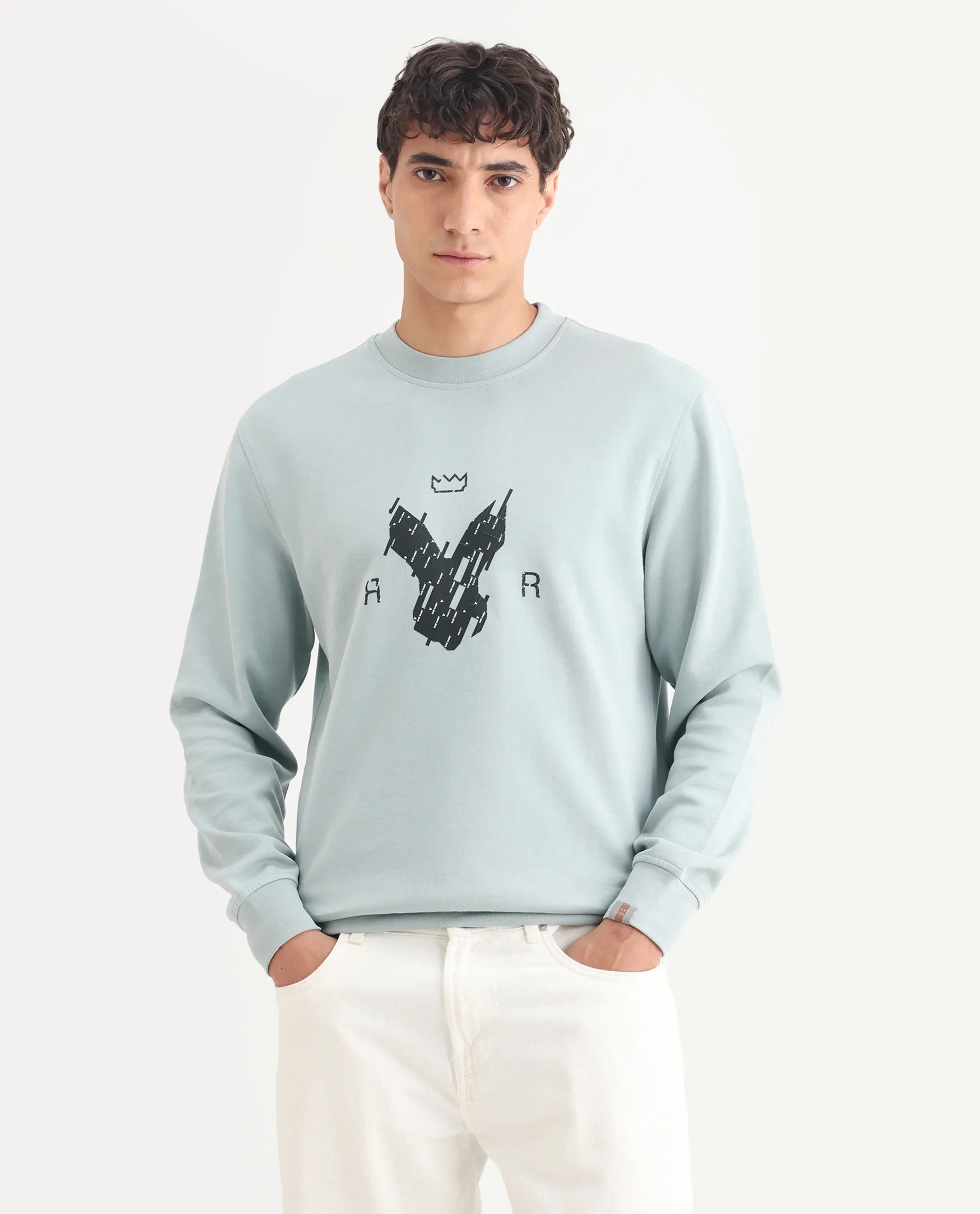 Rare Rabbit Men's Ref Light Grey Cotton Plain Regular Fit Full Sleeve Crew Neck Sweatshirt - Image 3