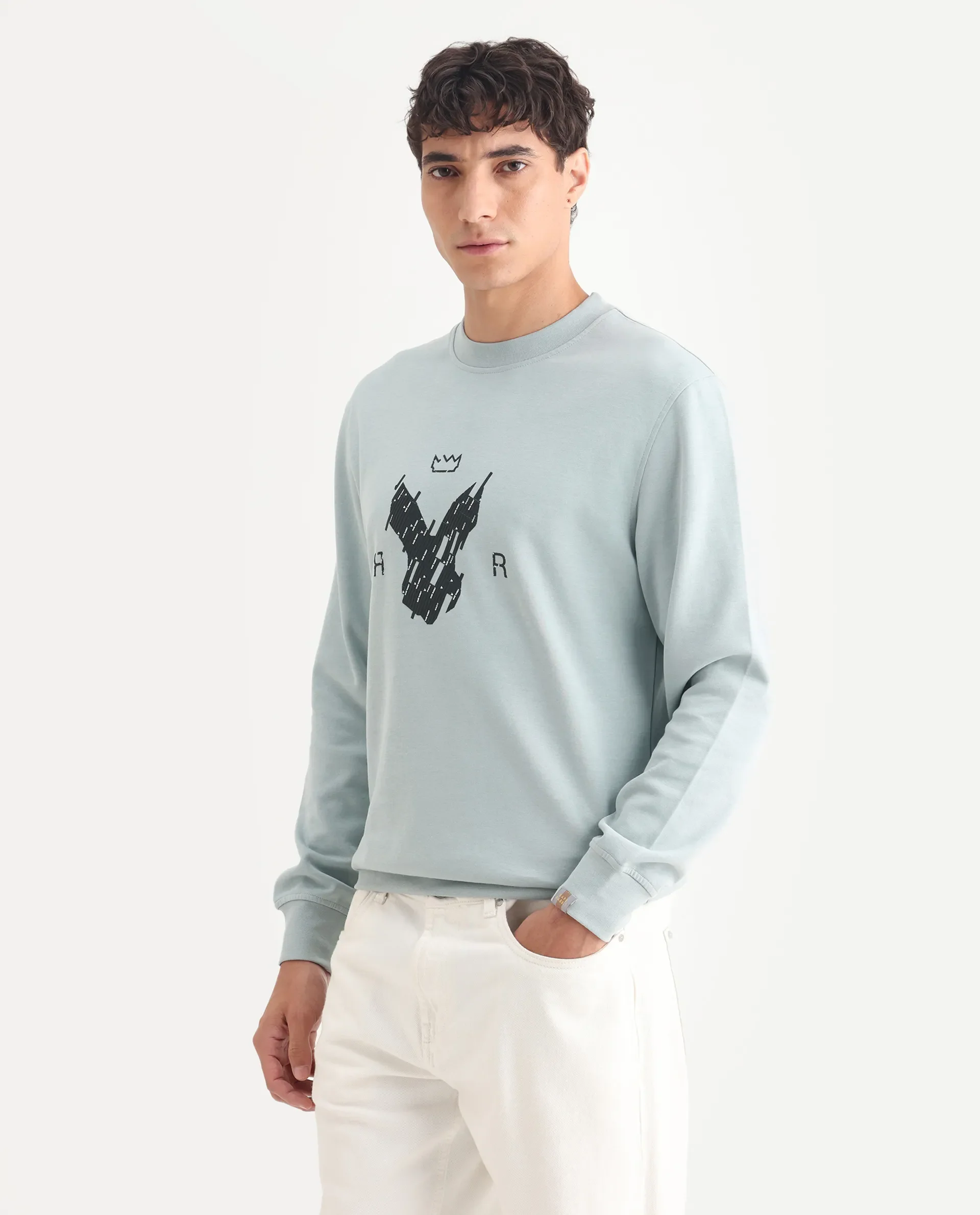 Rare Rabbit Men's Ref Light Grey Cotton Plain Regular Fit Full Sleeve Crew Neck Sweatshirt - Image 5