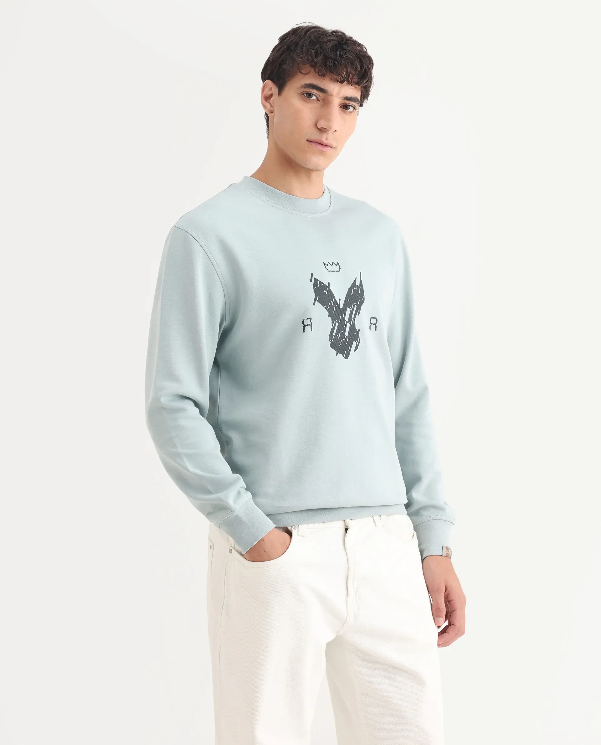 Rare Rabbit Men's Ref Light Grey Cotton Plain Regular Fit Full Sleeve Crew Neck Sweatshirt - Image 6