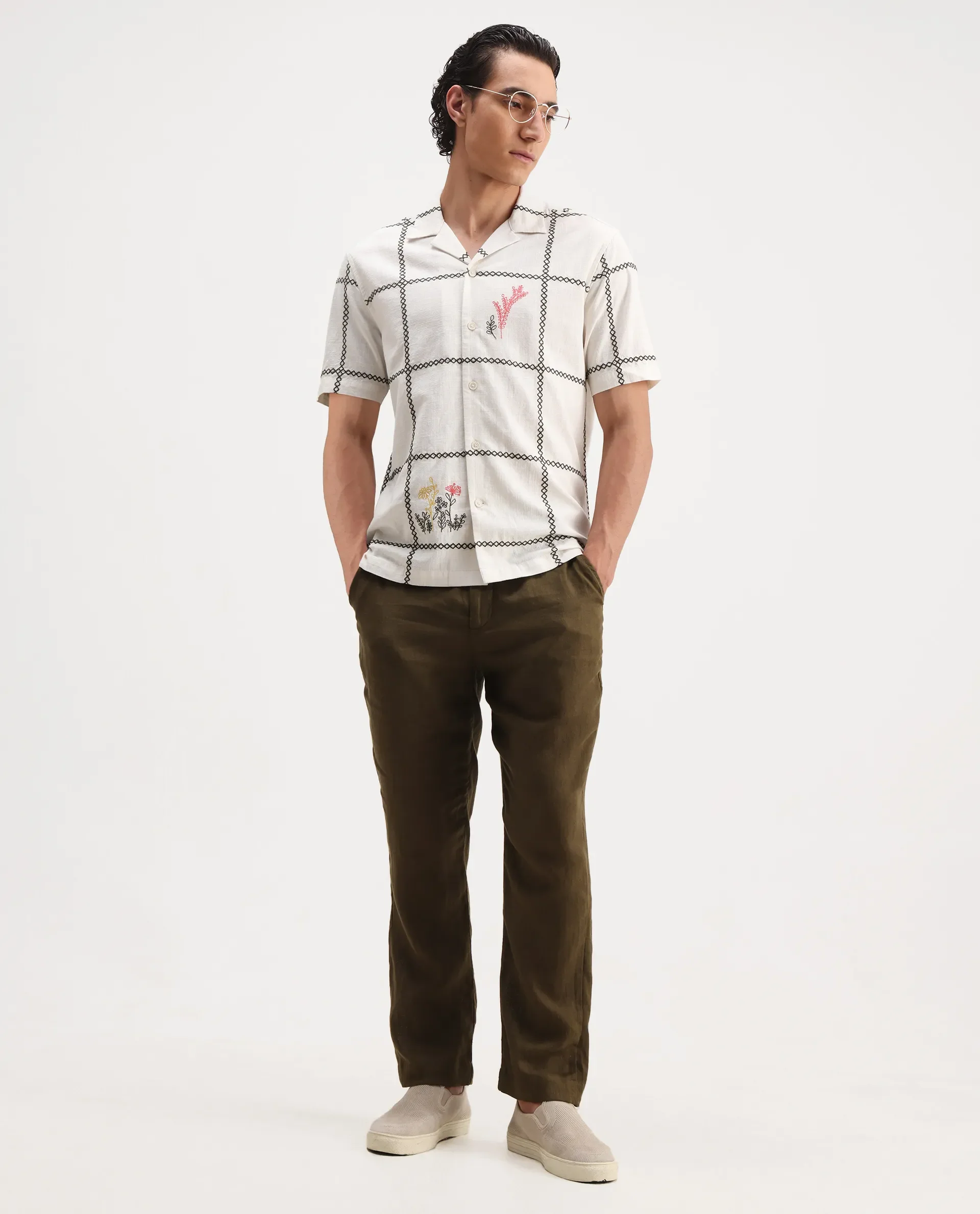 Rare Rabbit Men's Refty Off White Cotton Blend Embroidered Boxy Fit Half Sleeve Cuban Collar Shirt - Image 2