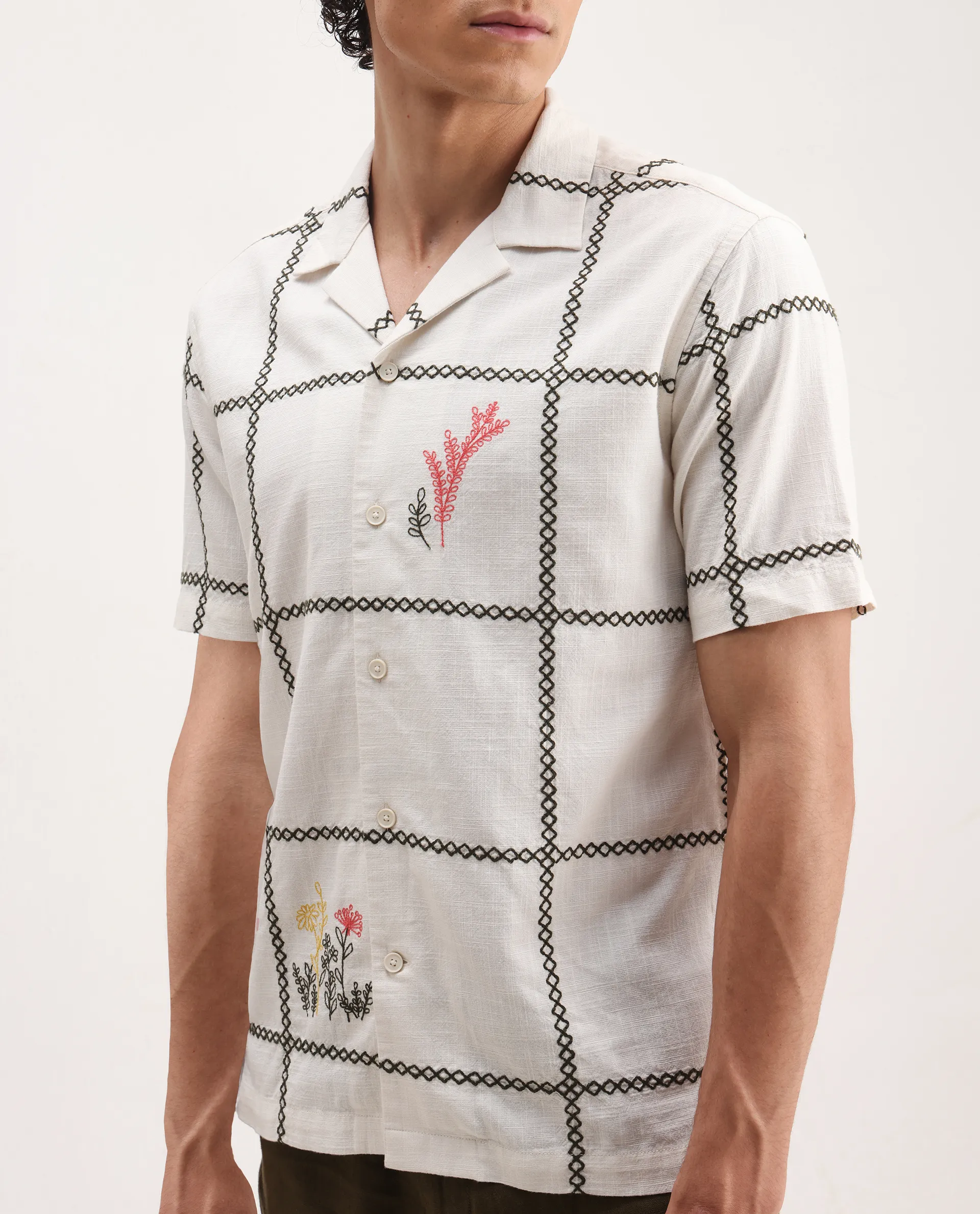 Rare Rabbit Men's Refty Off White Cotton Blend Embroidered Boxy Fit Half Sleeve Cuban Collar Shirt - Image 3