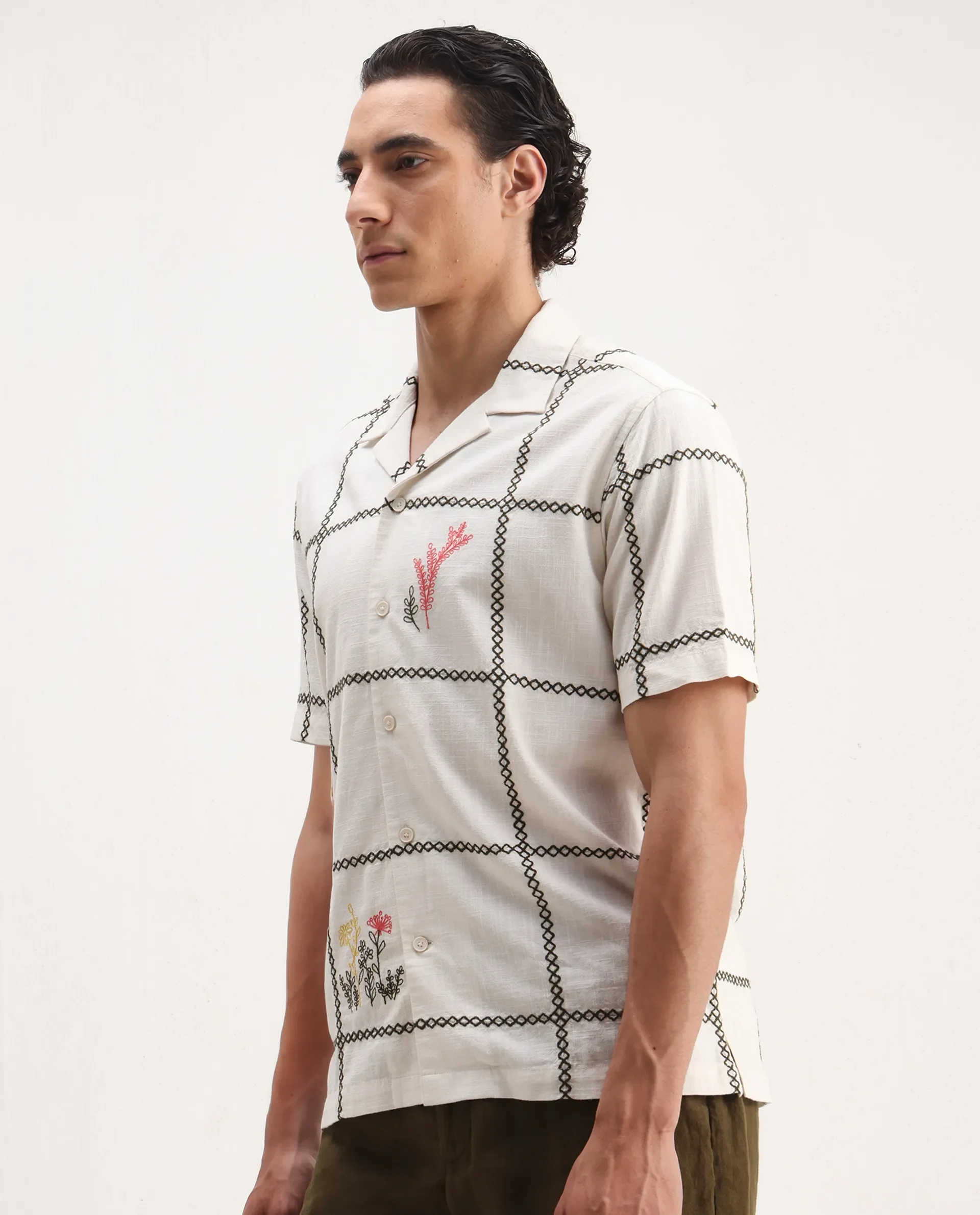 Rare Rabbit Men's Refty Off White Cotton Blend Embroidered Boxy Fit Half Sleeve Cuban Collar Shirt - Image 4