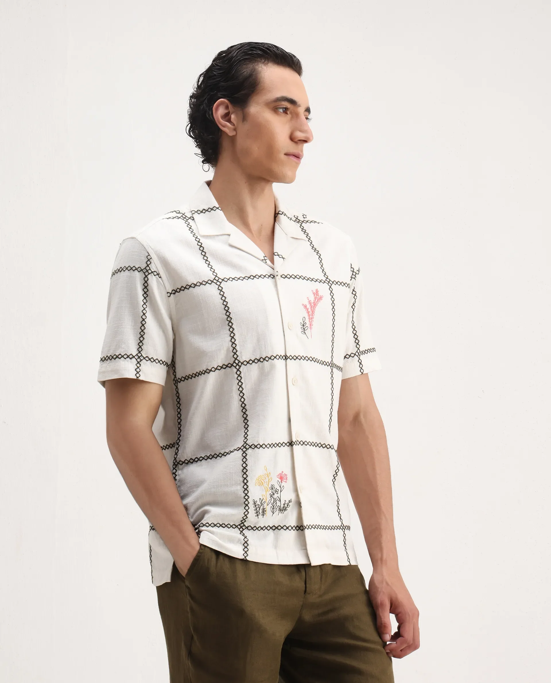 Rare Rabbit Men's Refty Off White Cotton Blend Embroidered Boxy Fit Half Sleeve Cuban Collar Shirt - Image 5